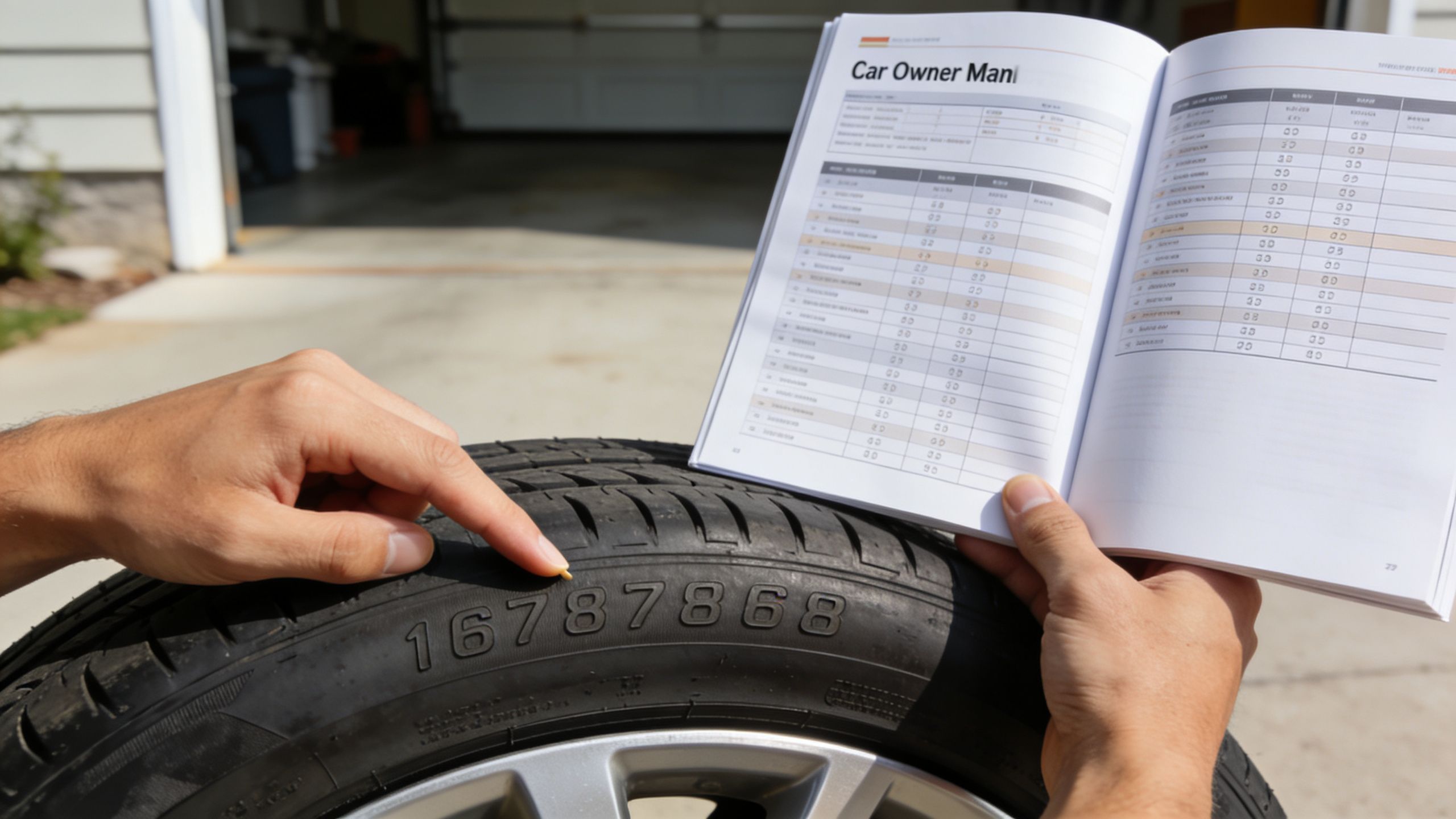 A person pointing to numbers molded onto a car tire while holding an open car owner's manual.