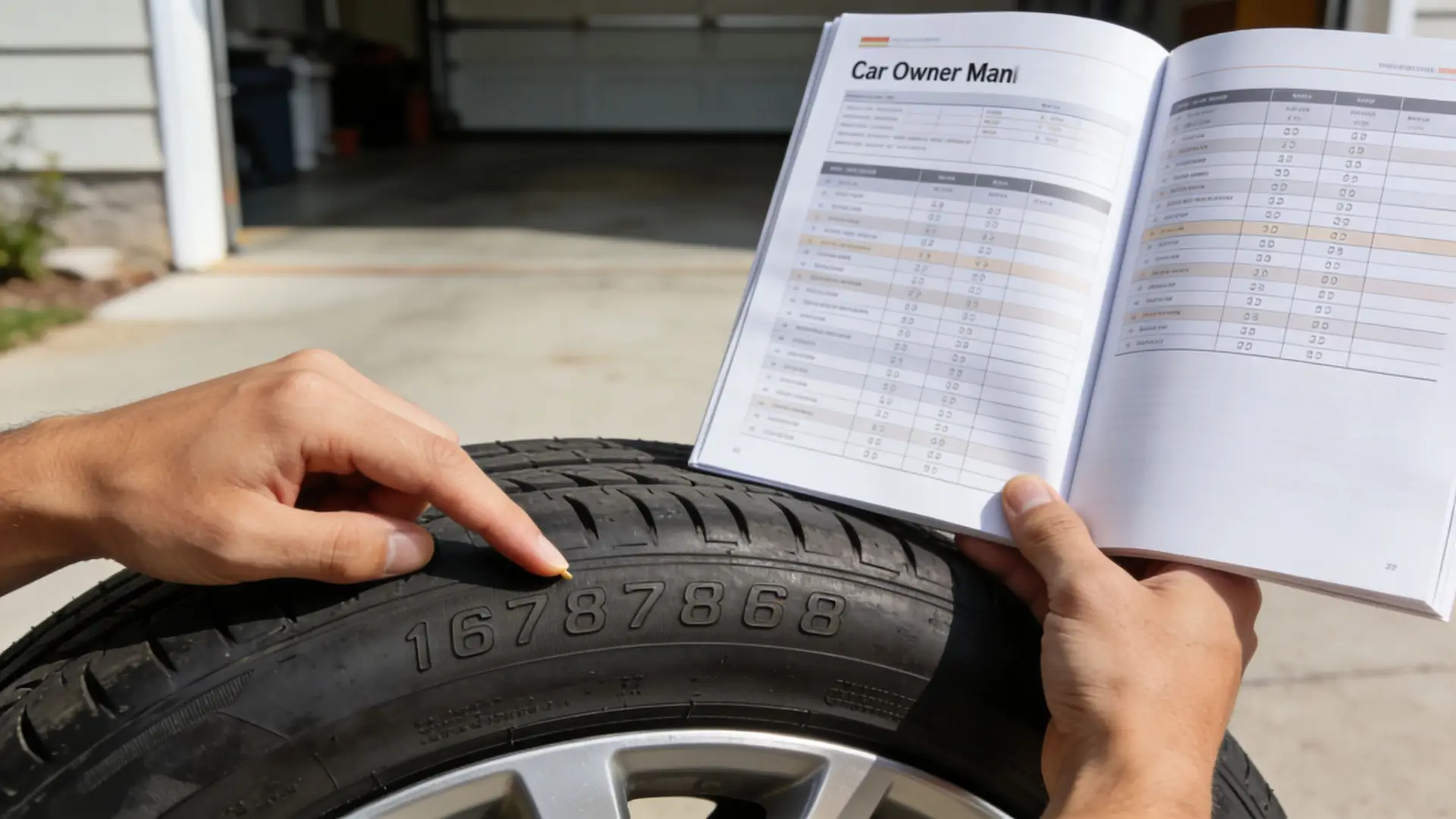 A person pointing to numbers molded onto a car tire while holding an open car owner's manual.