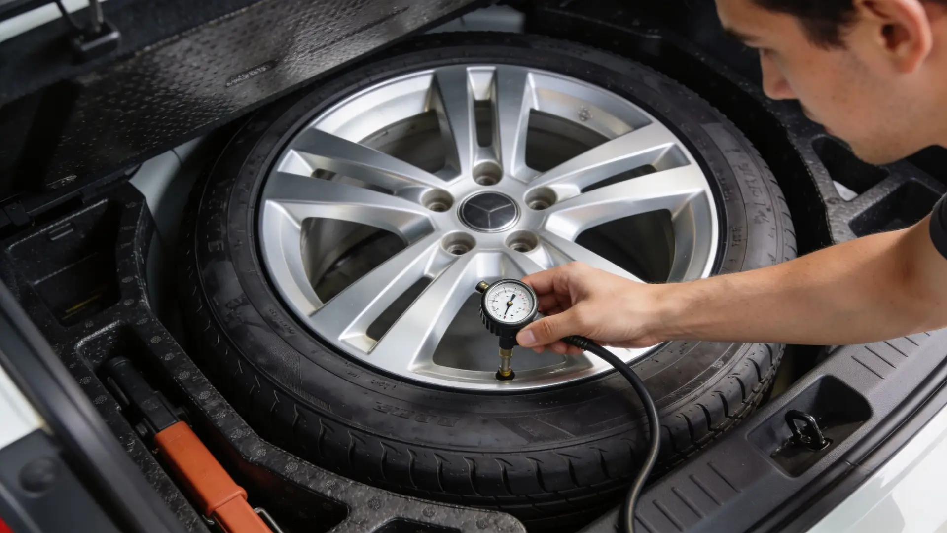 A man checking the pressure of a spare tire in the trunk of a car.