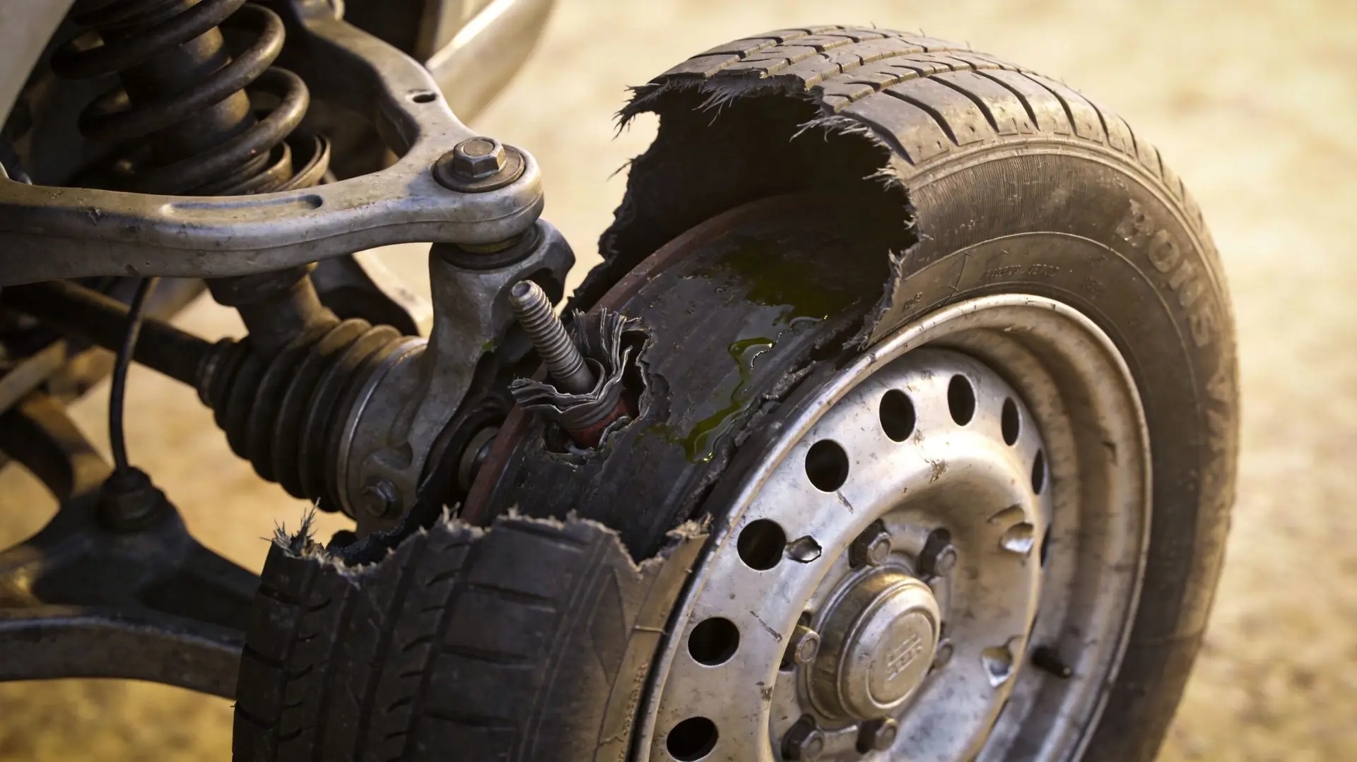 A close-up view of a severely damaged car tire that has blown out and shredded on a rim.