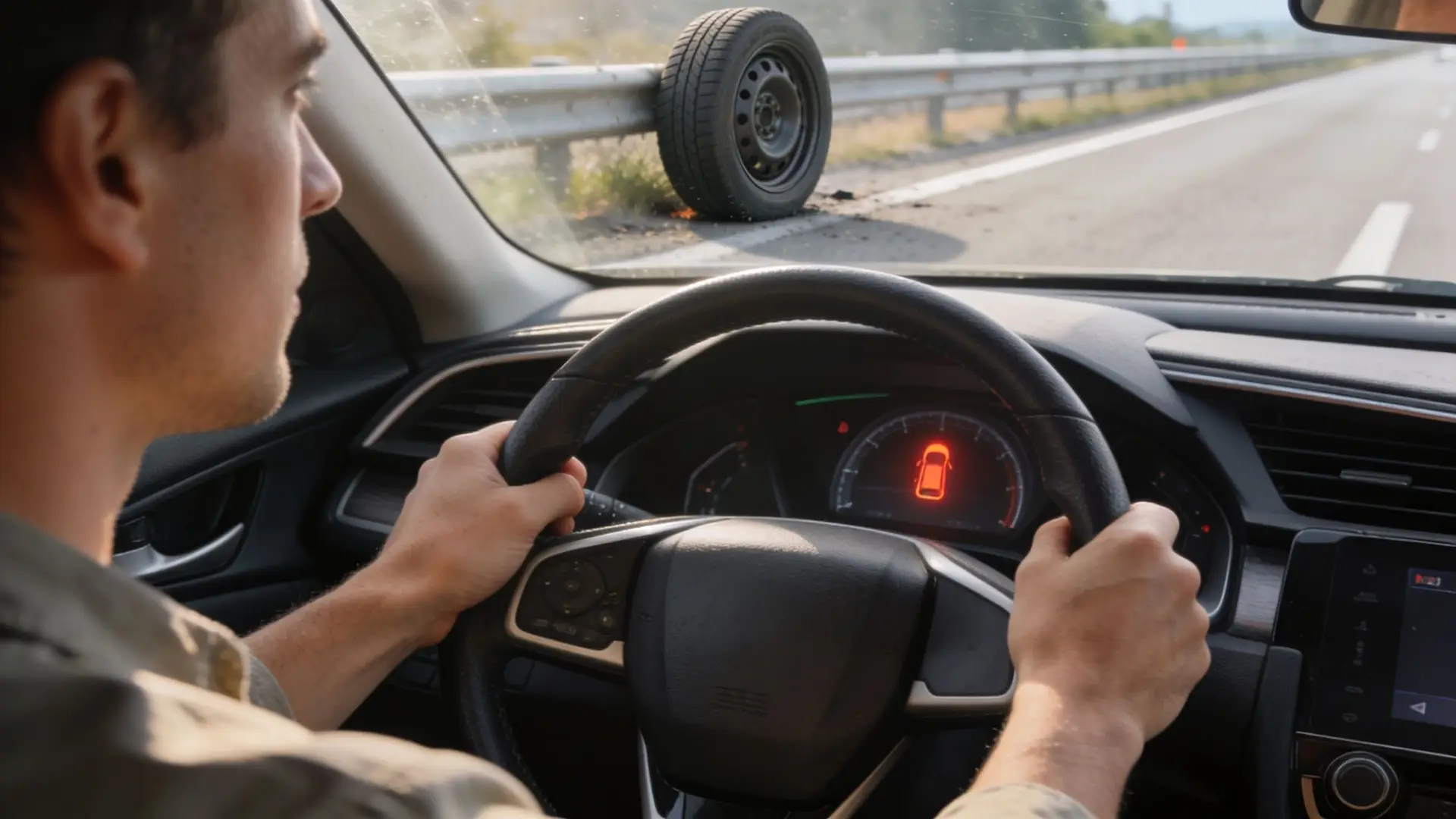 A man driving a car on a highway while observing a loose tire by the road.