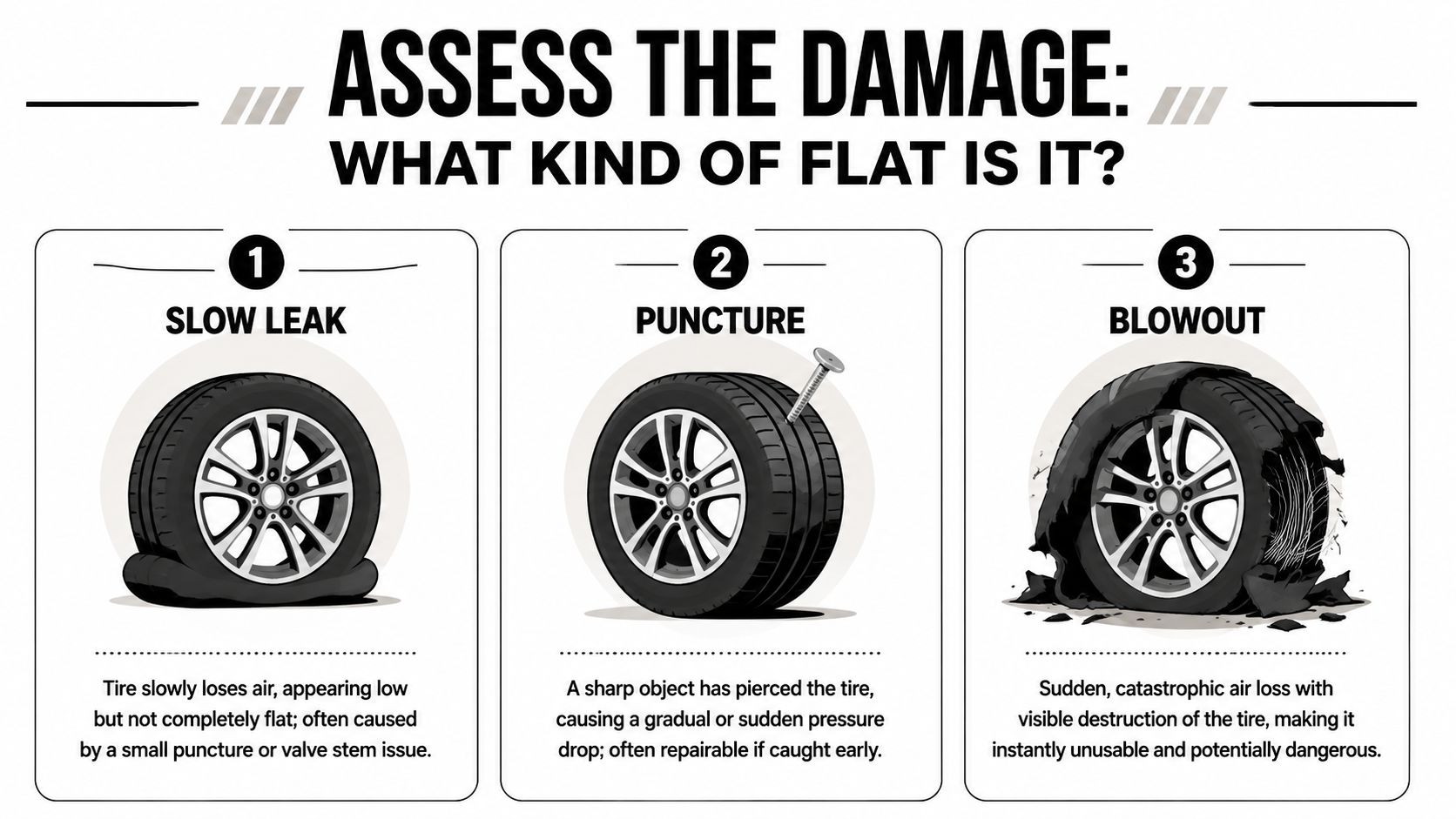 An infographic showing three types of tire damage: a slow leak, a puncture, and a total blowout.