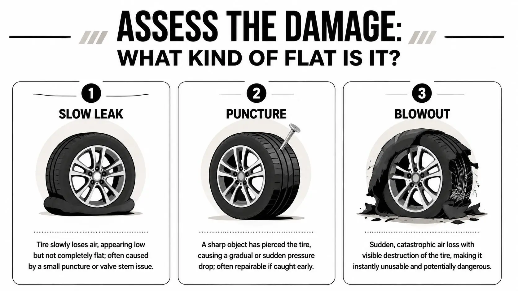 An infographic showing three types of tire damage: a slow leak, a puncture, and a total blowout.
