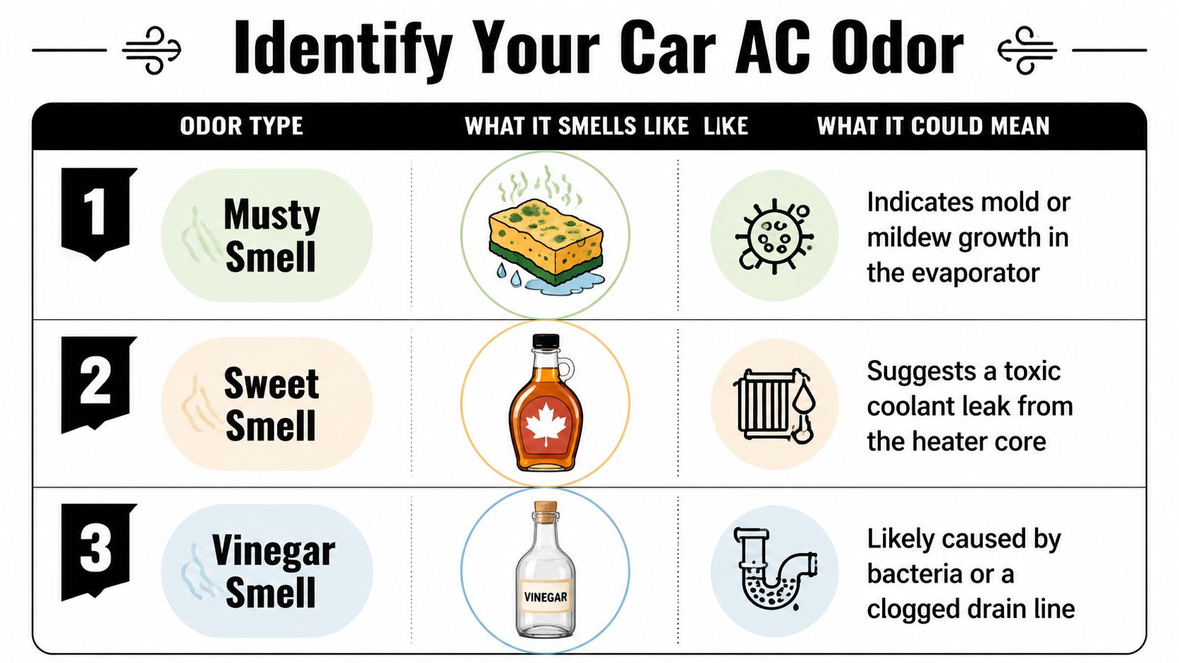 A guide infographic titled Identify Your Car AC Odor showing causes for musty, sweet, and vinegar smells.