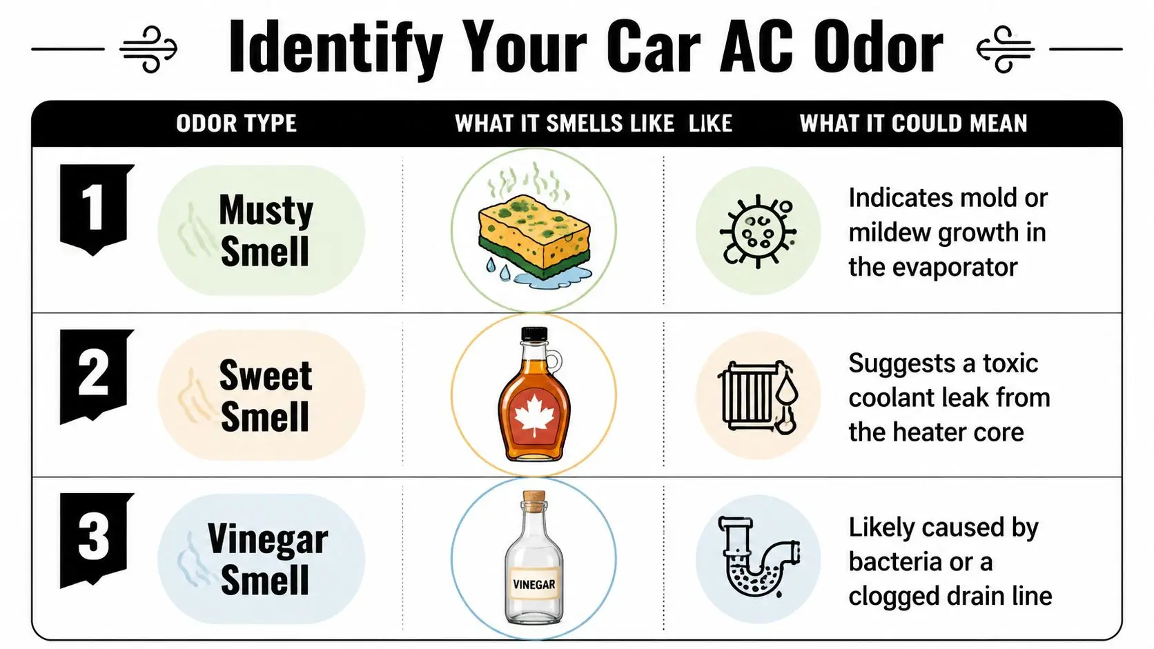 A guide infographic titled Identify Your Car AC Odor showing causes for musty, sweet, and vinegar smells.