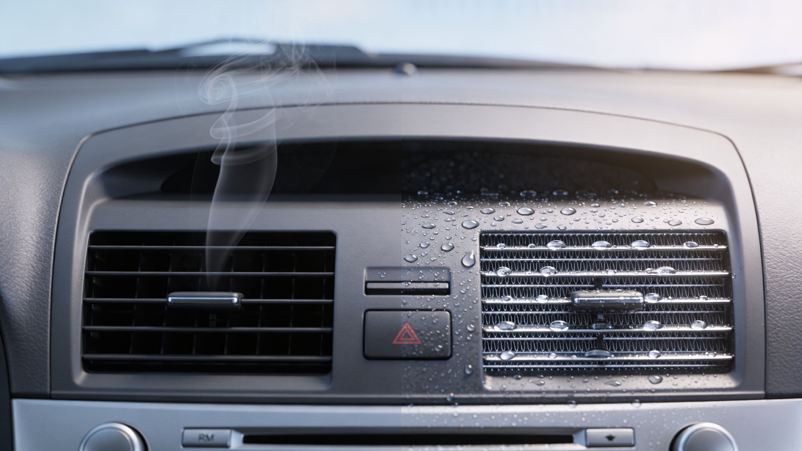 A split image showing smoke coming from a car air vent and water droplets on the other vent.