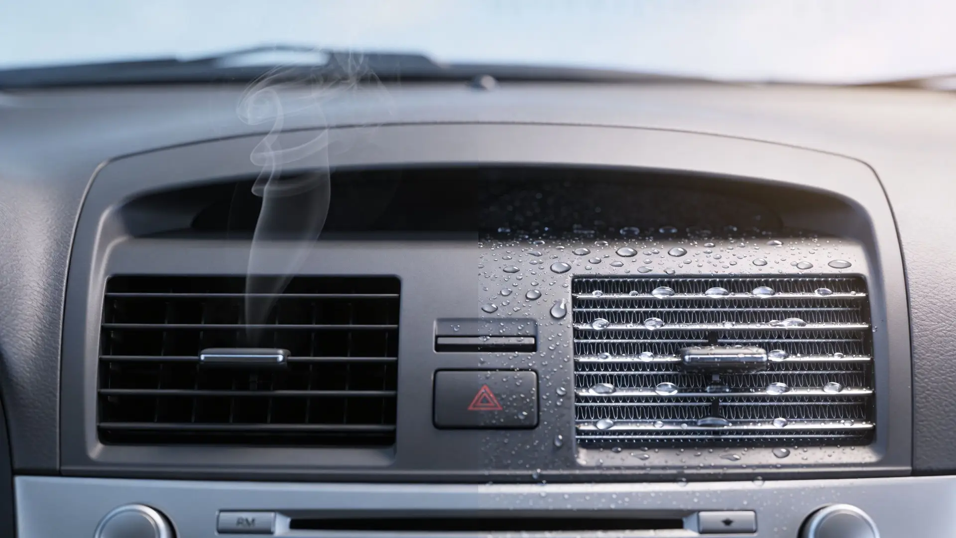 A split image showing smoke coming from a car air vent and water droplets on the other vent.