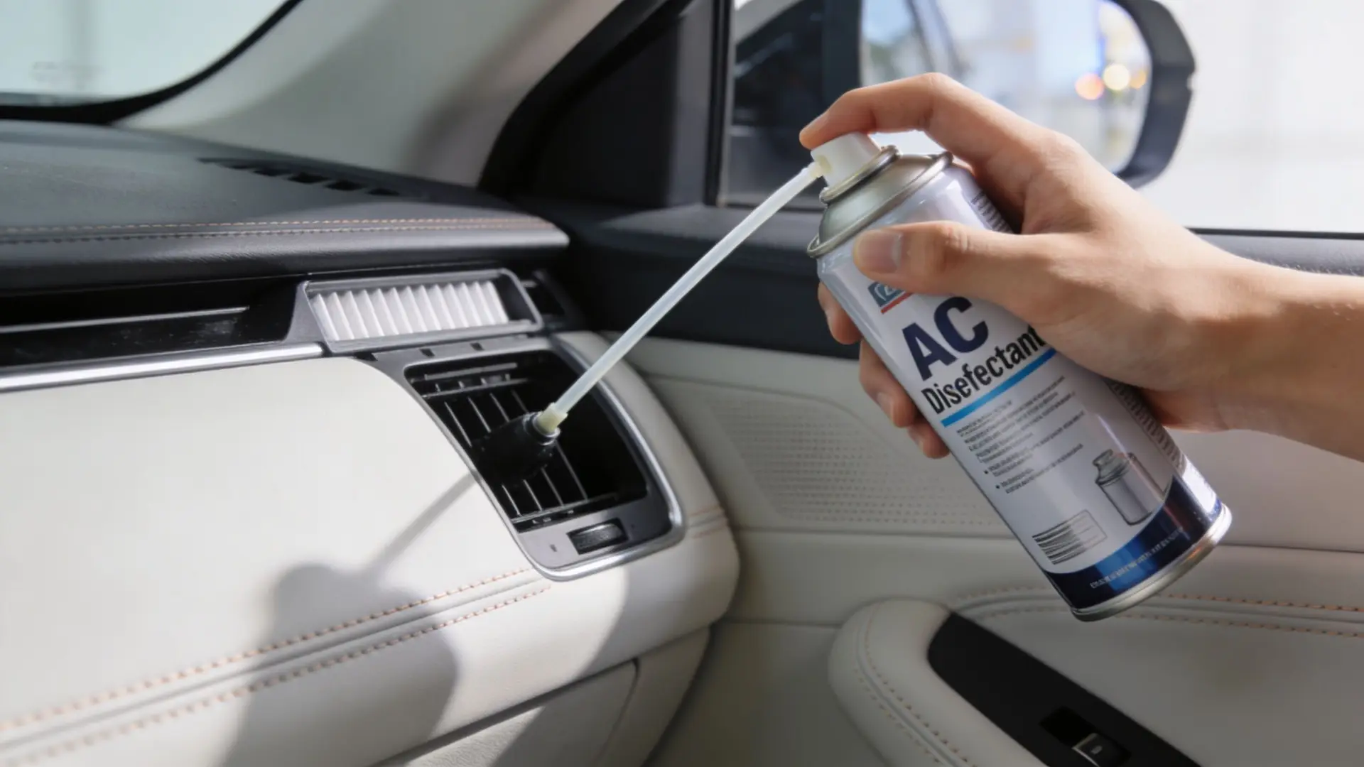 A hand using an aerosol can to spray disinfectant into the car air conditioning vent.