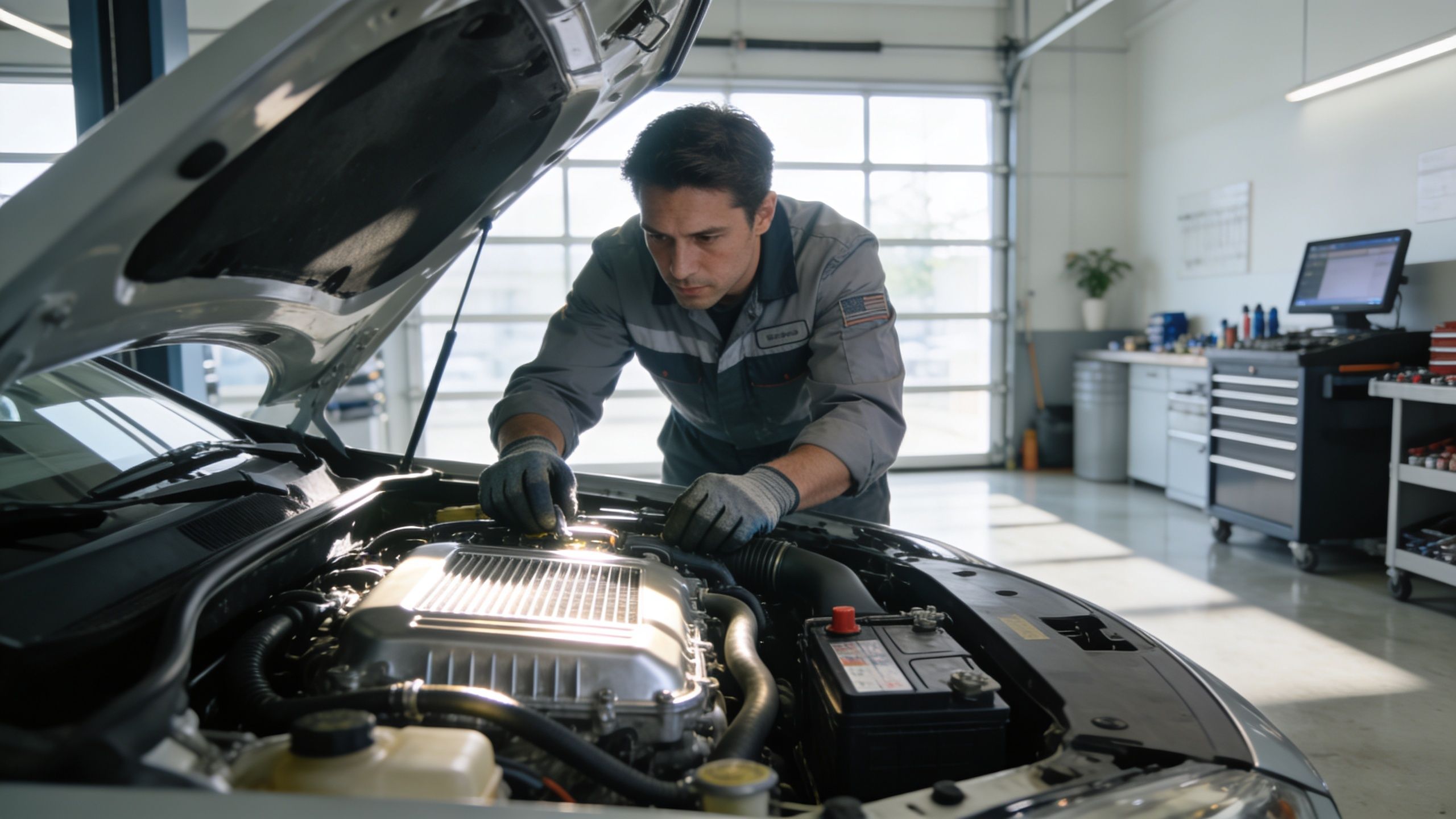 A professional mechanic in a gray uniform inspecting the engine of a car inside a repair shop.