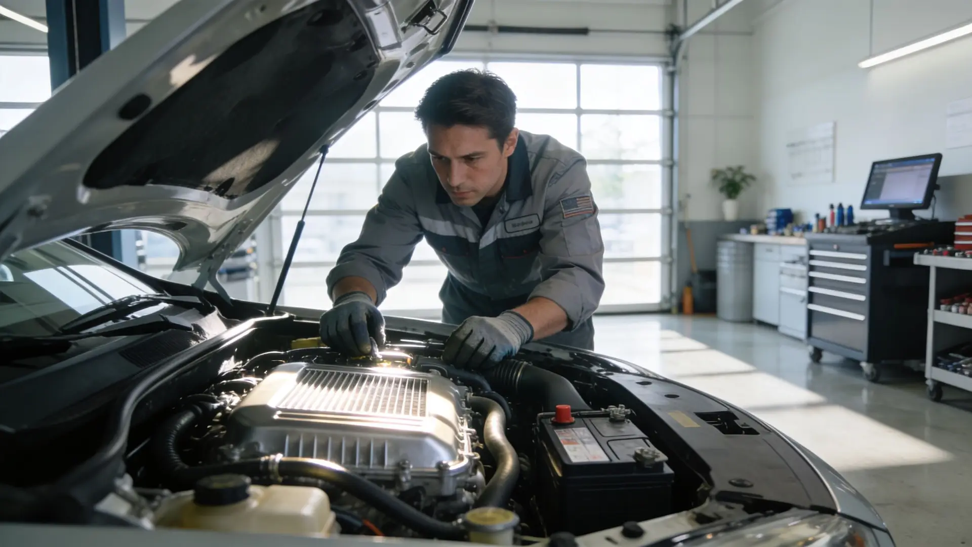 A professional mechanic in a gray uniform inspecting the engine of a car inside a repair shop.