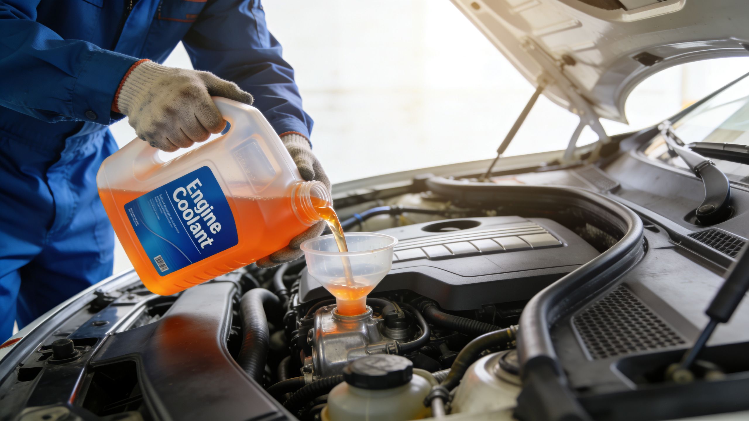 A mechanic in a blue uniform pouring orange engine coolant into a car engine using a funnel.