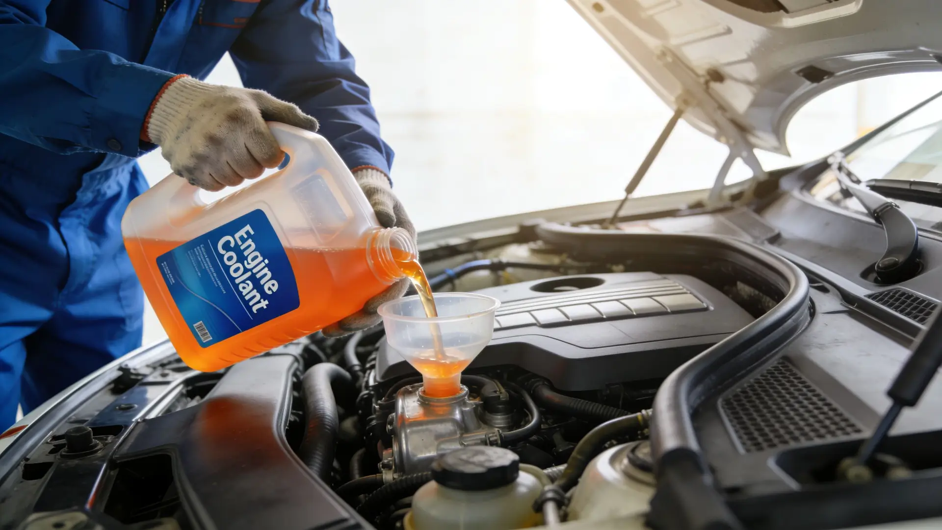 A mechanic in a blue uniform pouring orange engine coolant into a car engine using a funnel.