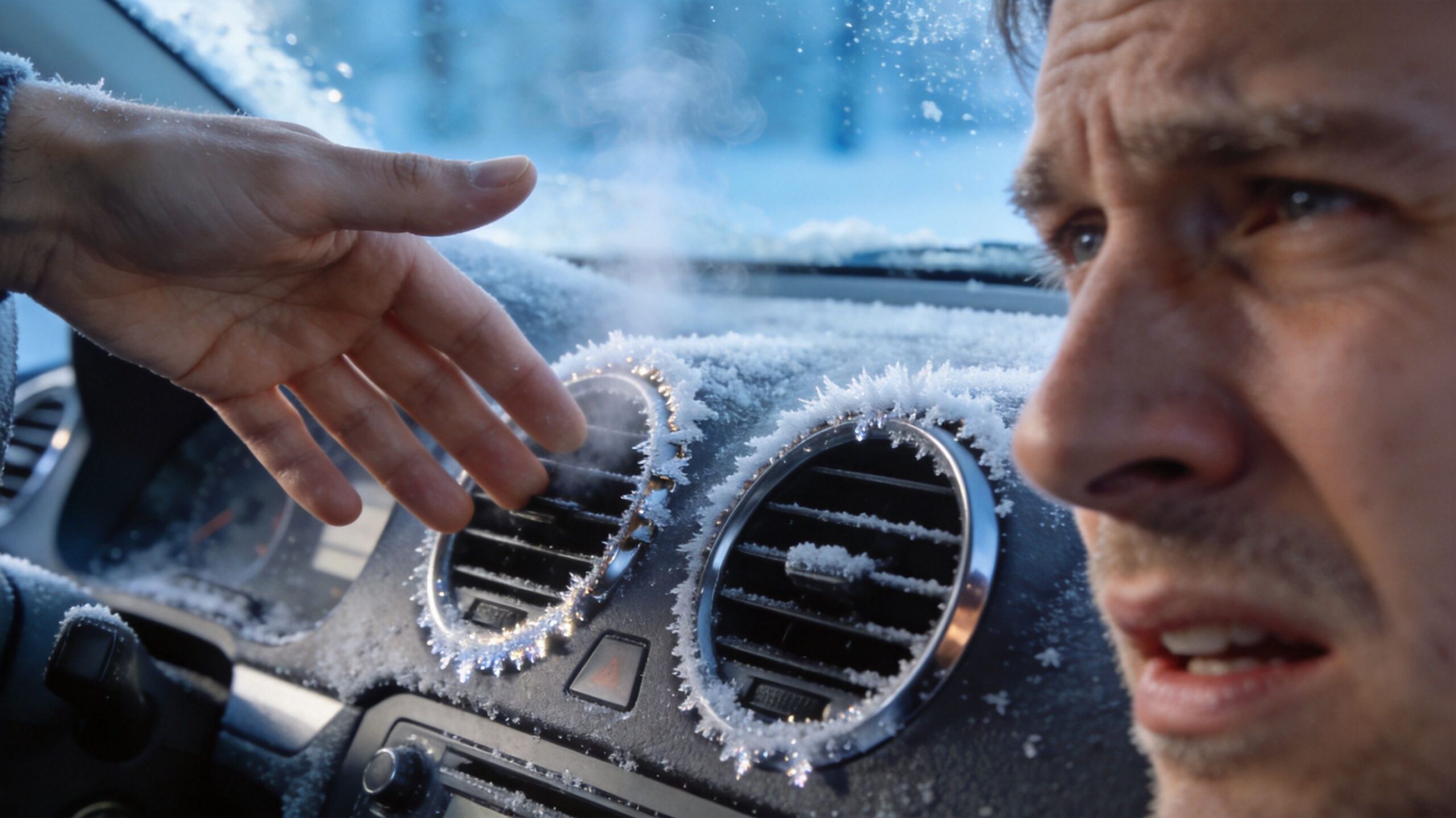 A concerned driver reaches towards a frozen car dashboard vent blowing steam inside a cold vehicle.