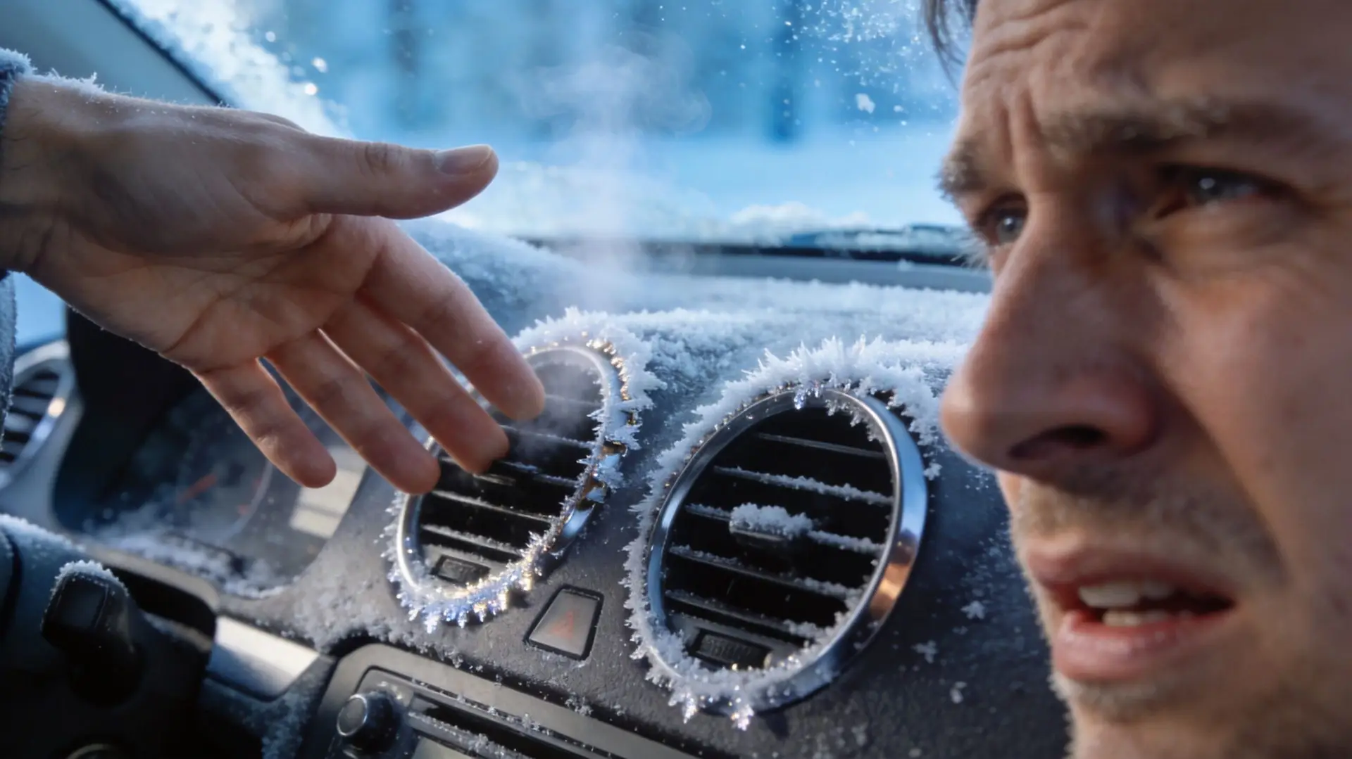 A concerned driver reaches towards a frozen car dashboard vent blowing steam inside a cold vehicle.