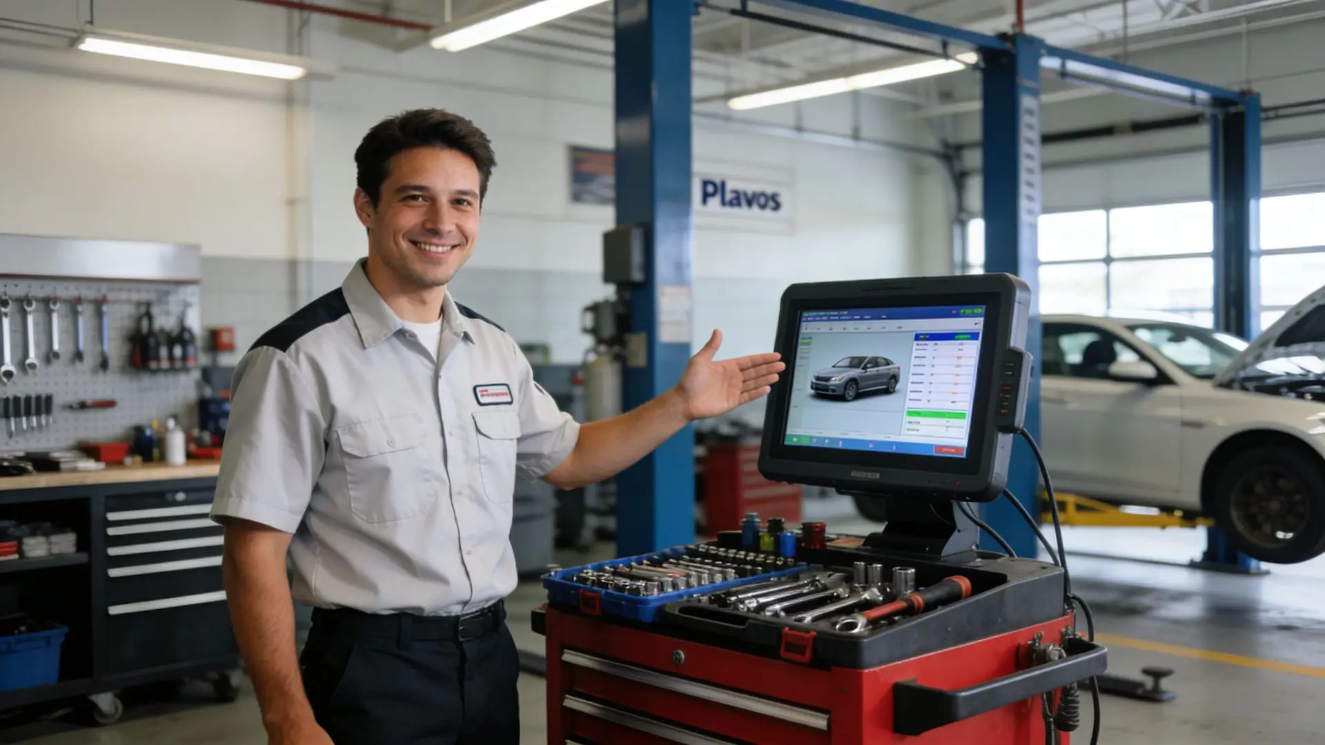 A friendly car mechanic smiling and gesturing towards a diagnostic computer screen in a professional repair shop.