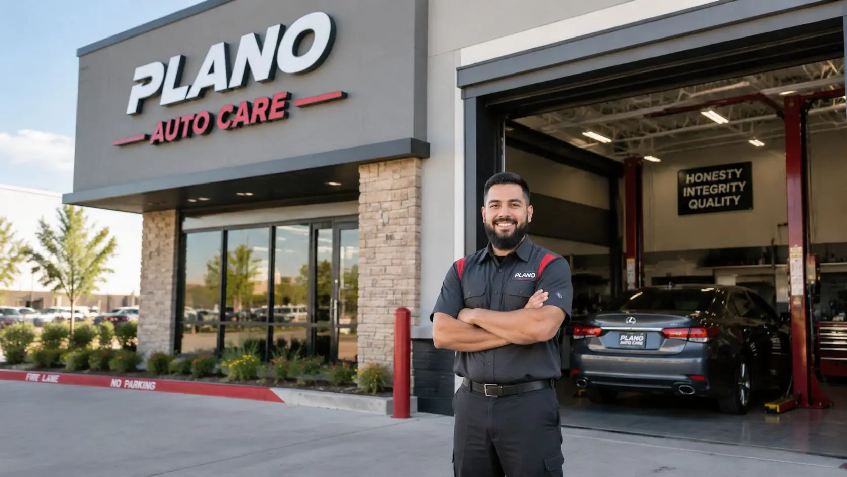 A professional mechanic standing with arms crossed in front of a modern Plano Auto Care garage facility.