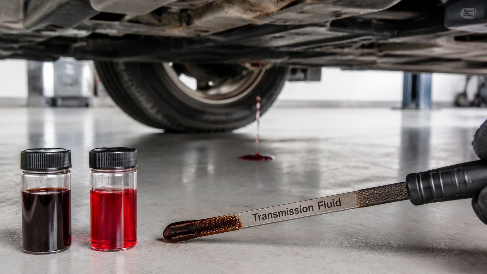 A gloved hand holds a dipstick testing car transmission fluid near vials of old and new oil.