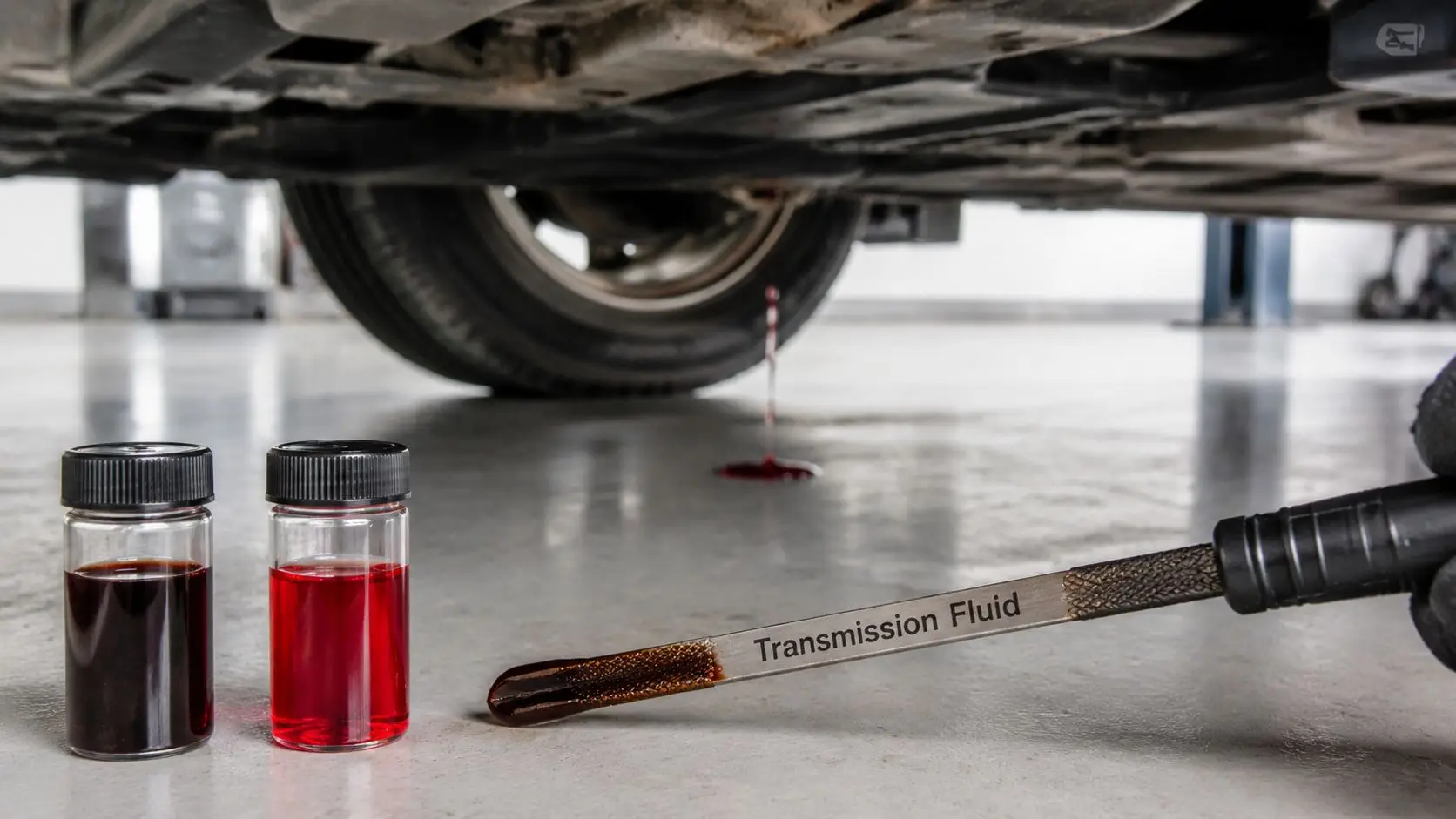 A gloved hand holds a dipstick testing car transmission fluid near vials of old and new oil.