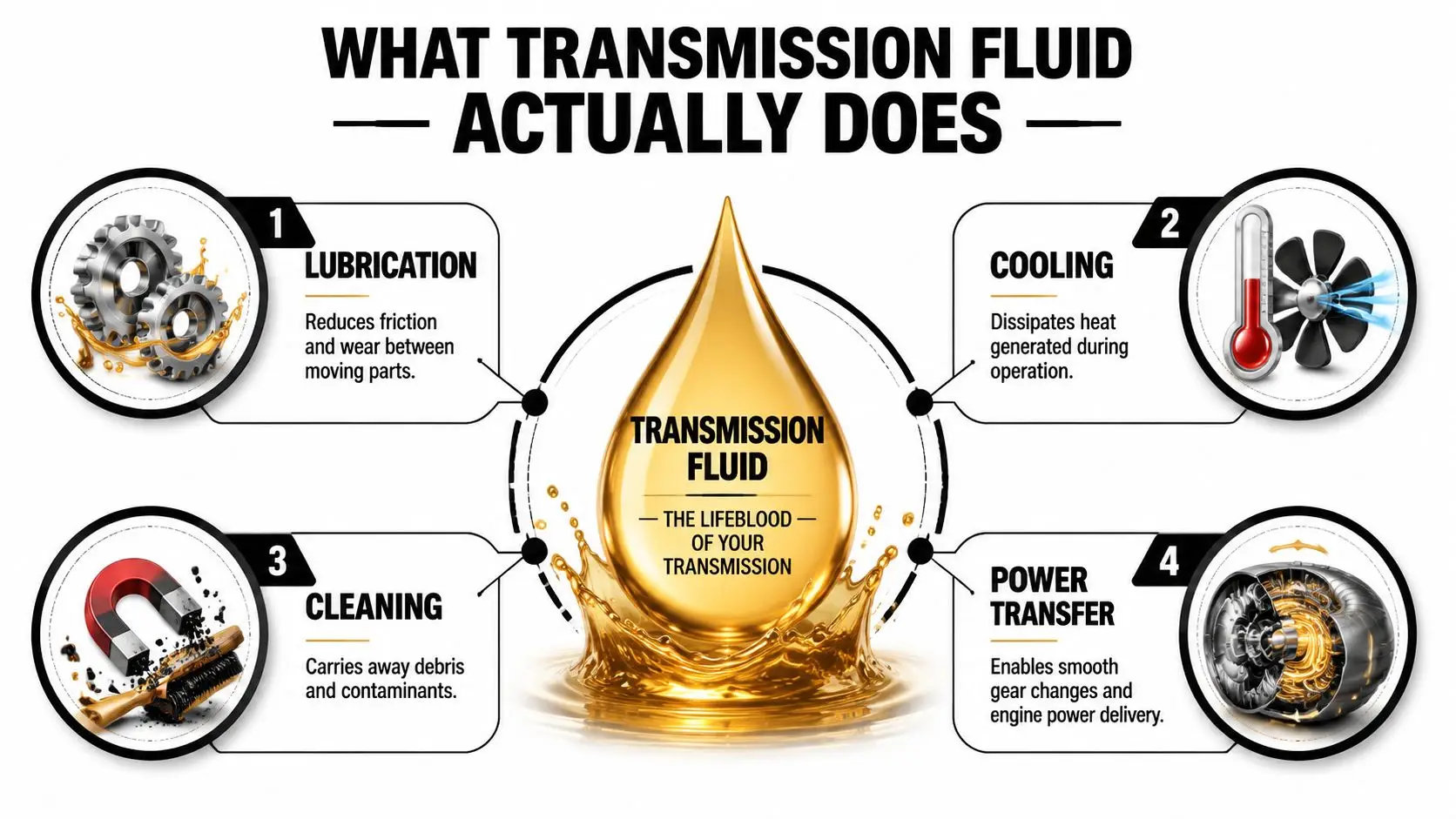 An infographic showing four main functions of car transmission fluid including lubrication, cooling, cleaning, and power transfer.