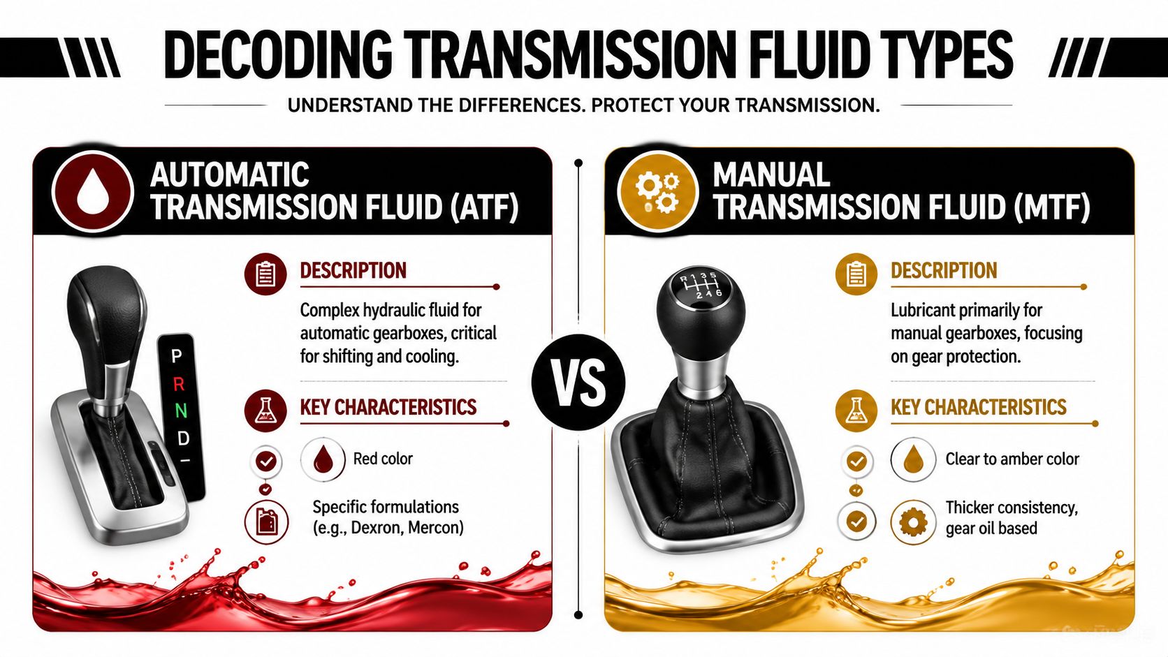 A comparison infographic between automatic transmission fluid and manual transmission fluid with their key characteristics.