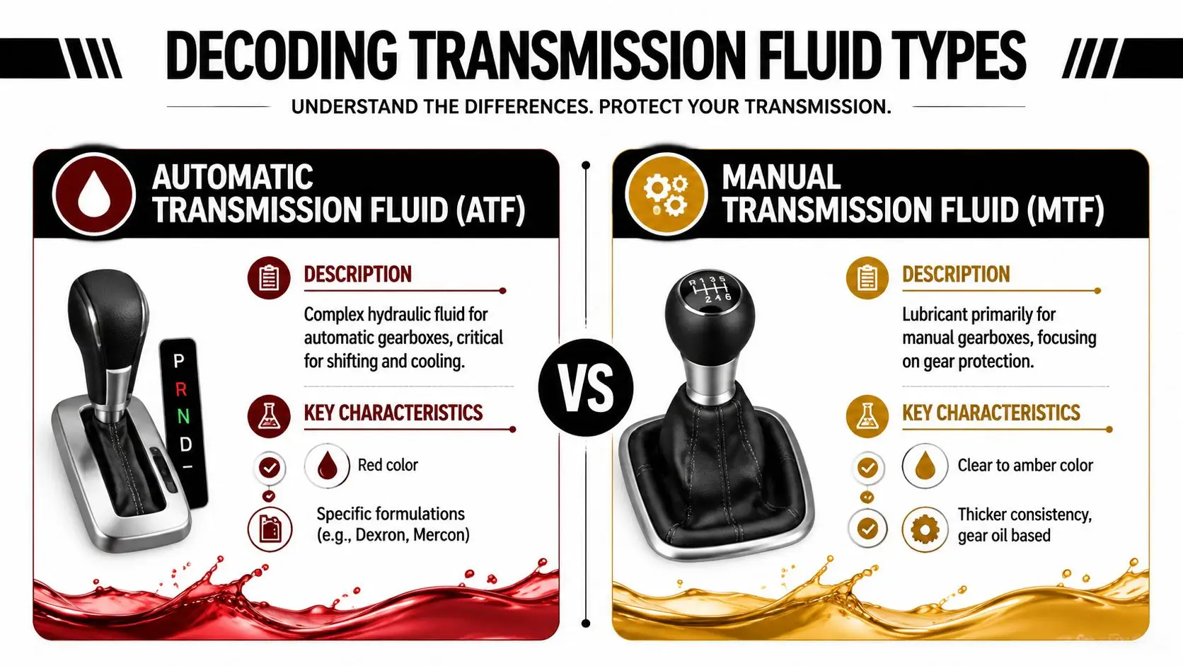 A comparison infographic between automatic transmission fluid and manual transmission fluid with their key characteristics.