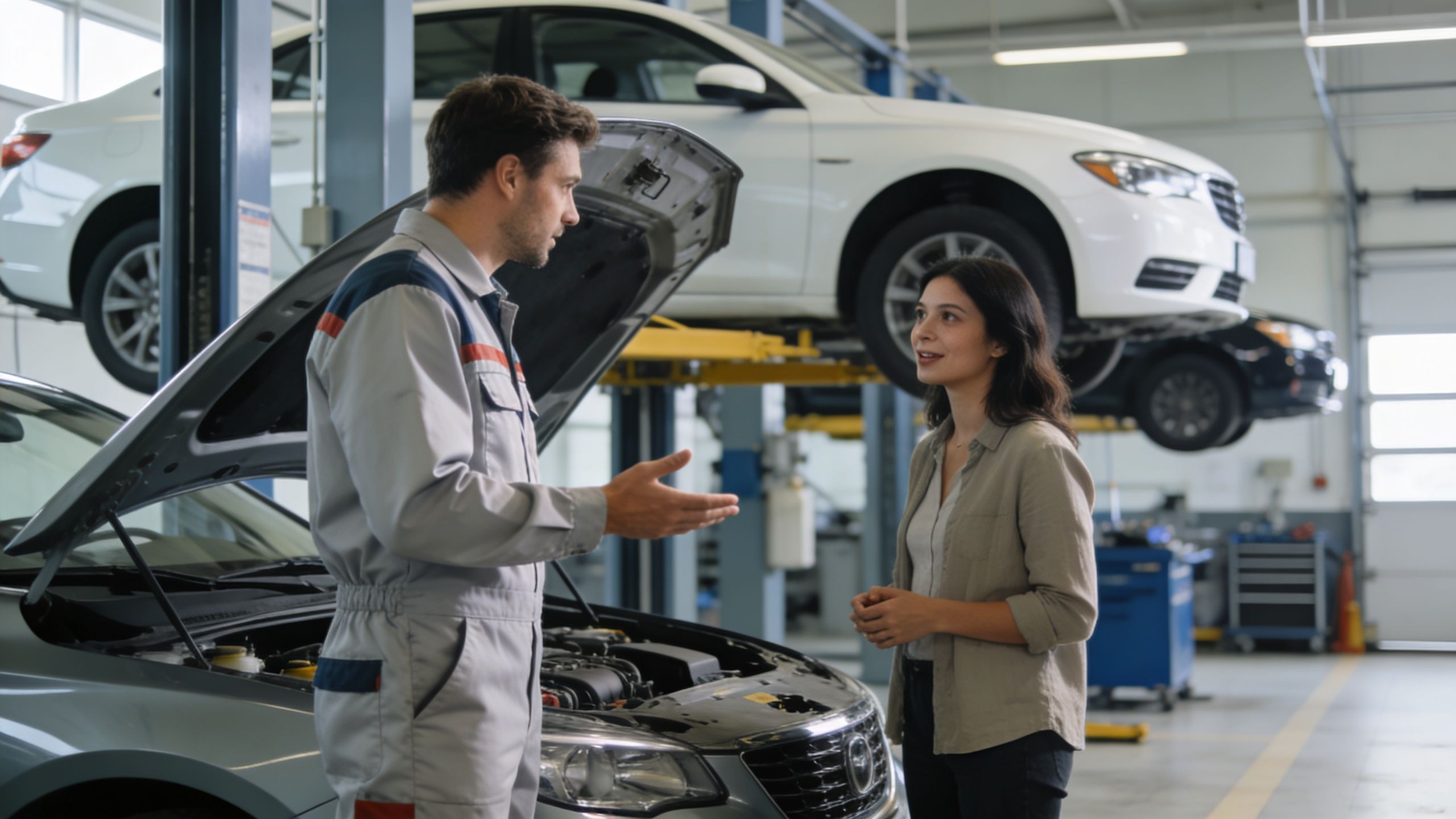 A professional mechanic in a grey uniform discusses car repairs with a female customer in a workshop.