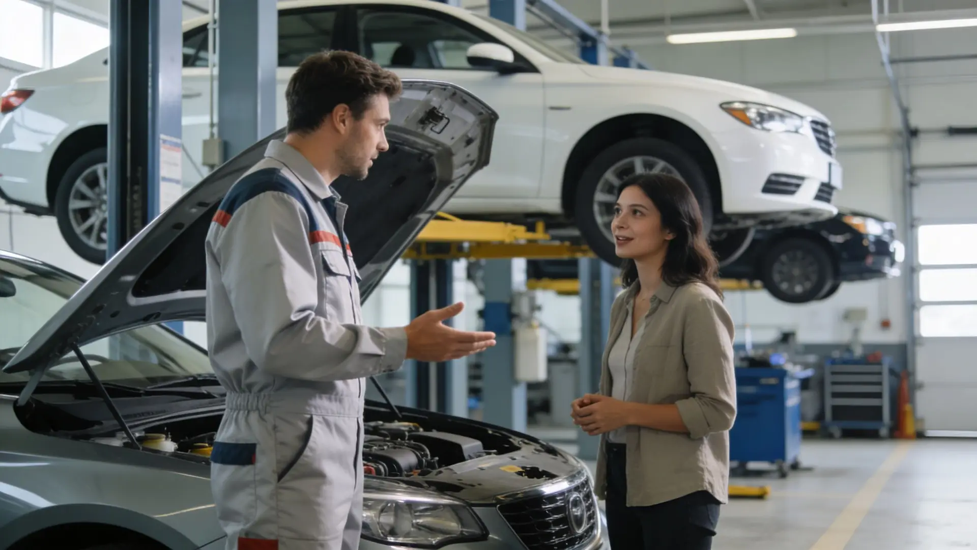 A professional mechanic in a grey uniform discusses car repairs with a female customer in a workshop.