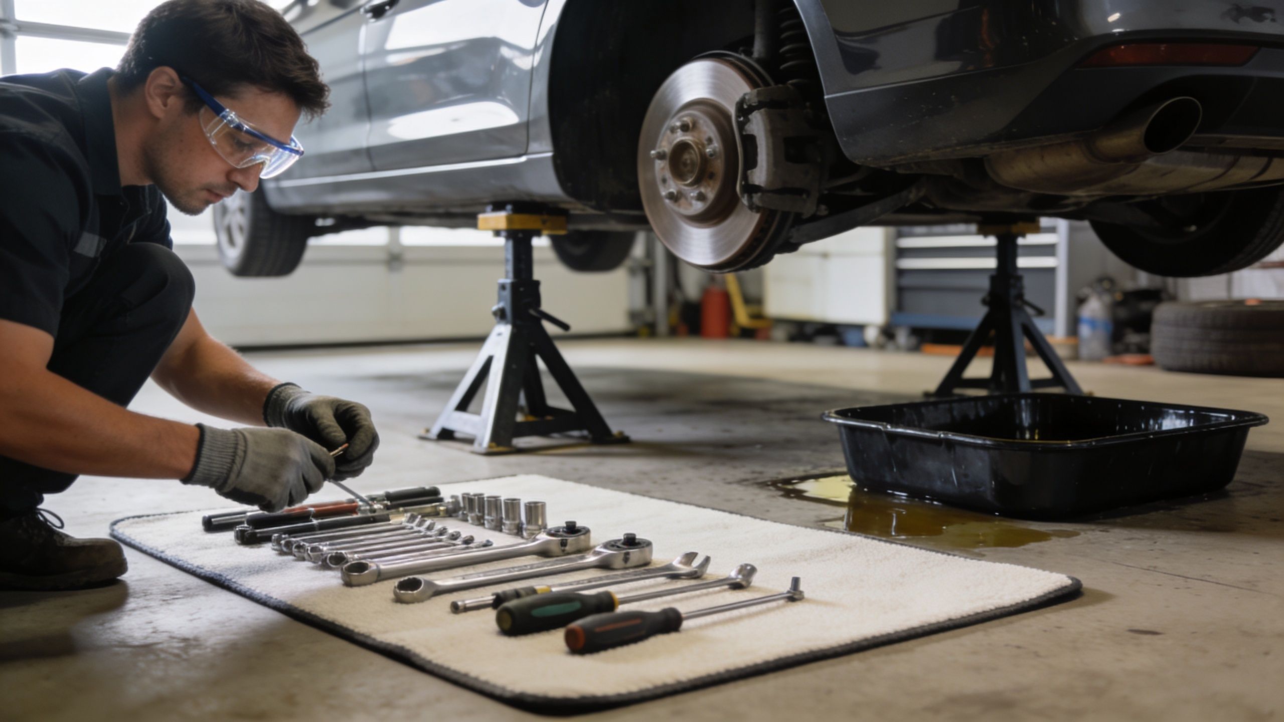 A professional mechanic wearing safety goggles works on a vehicle raised on jack stands in an auto shop.