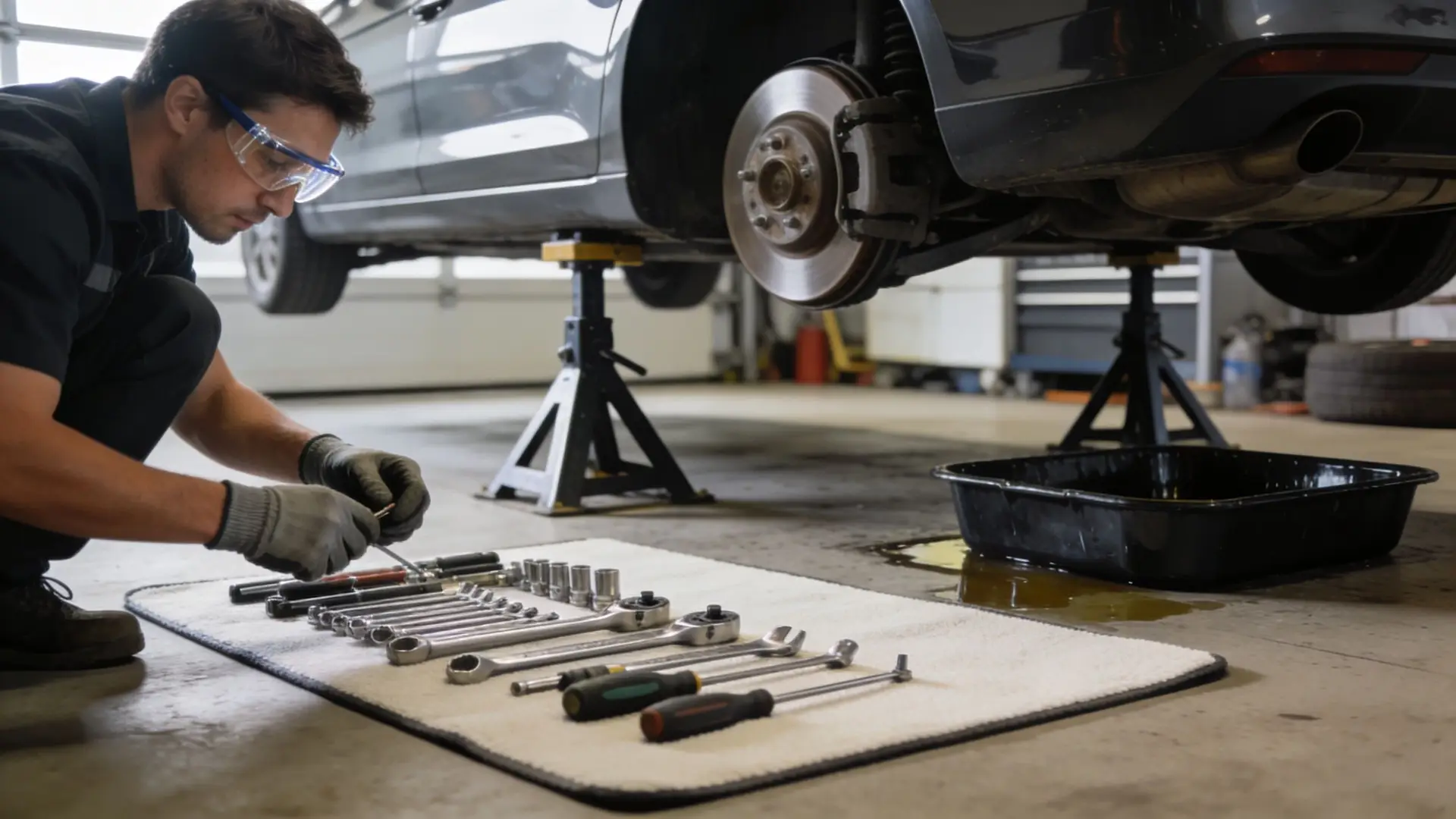 A professional mechanic wearing safety goggles works on a vehicle raised on jack stands in an auto shop.