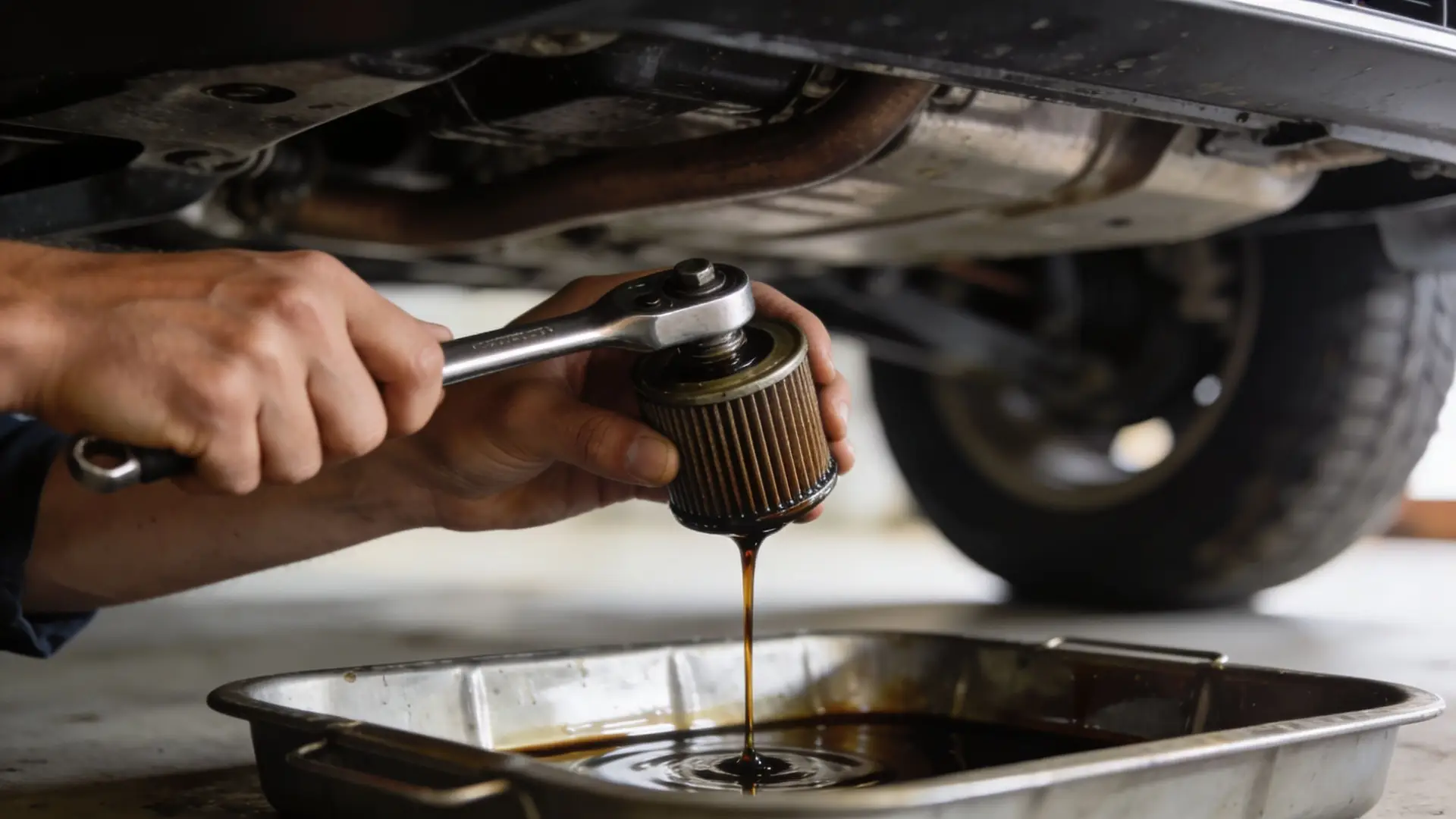 A mechanic holding a used car oil filter while dripping oil into a metal pan beneath a vehicle.
