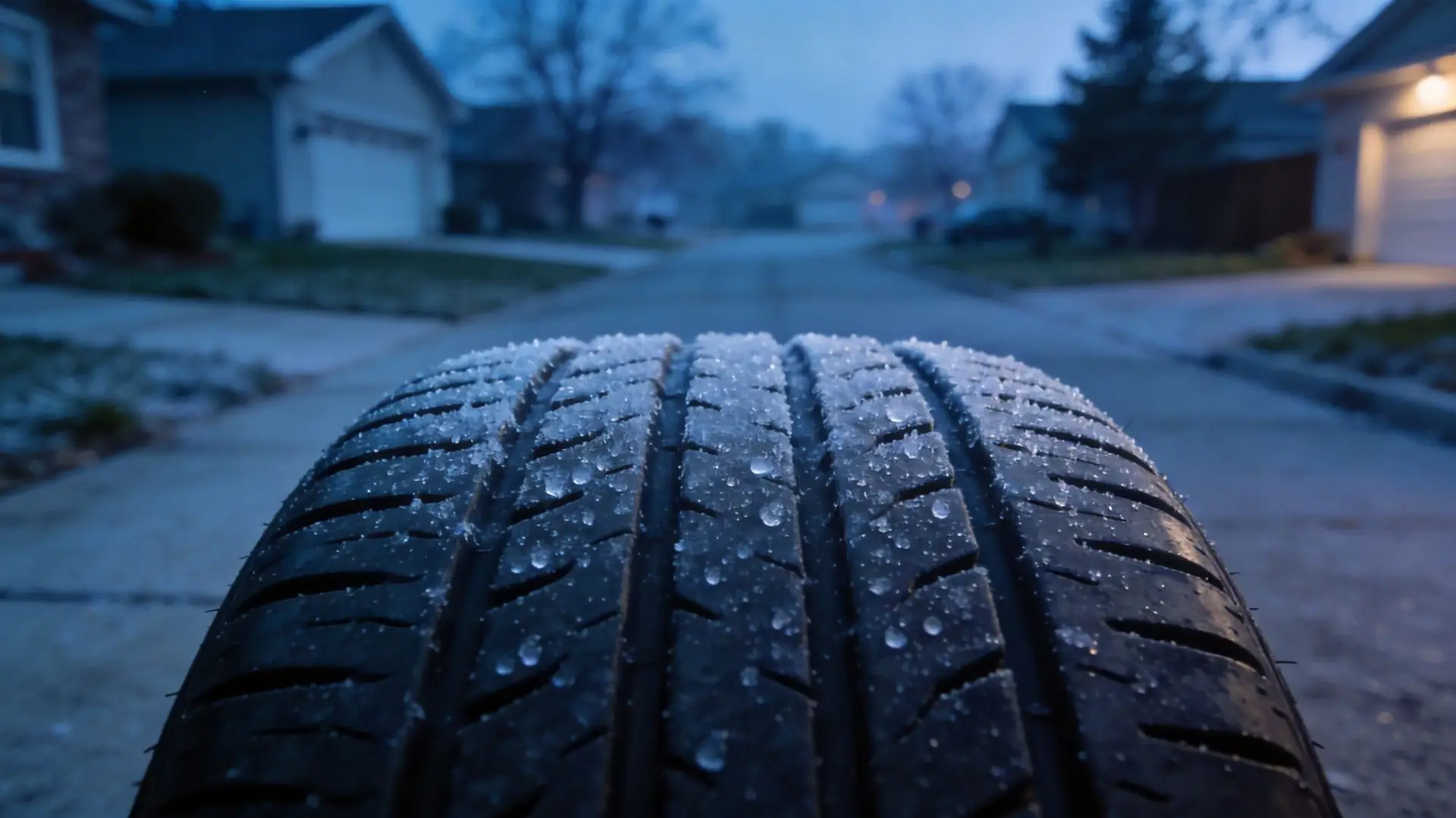 Close up of a car tire tread covered in frost during a cold winter morning on a street.