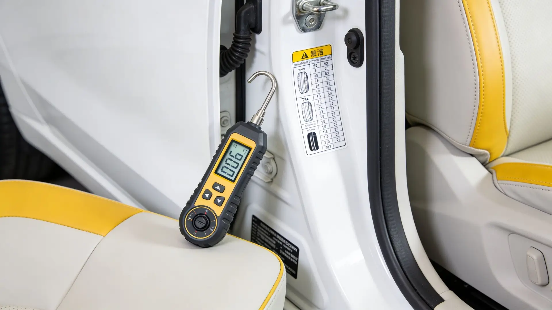 A digital tire pressure gauge resting on a car seat next to the tire pressure information sticker.