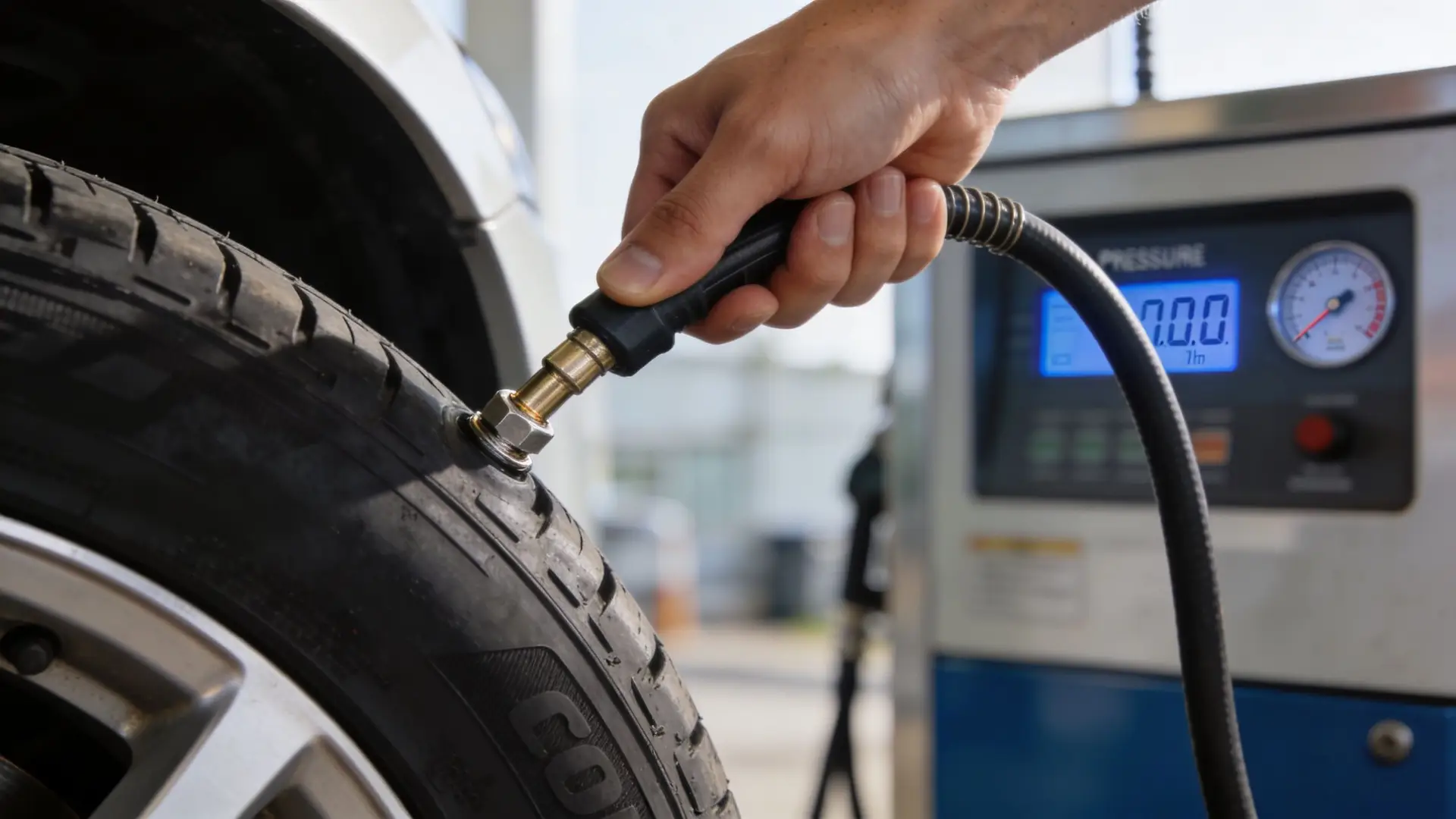 A close-up view of a person using an air pump to check and inflate car tire pressure.