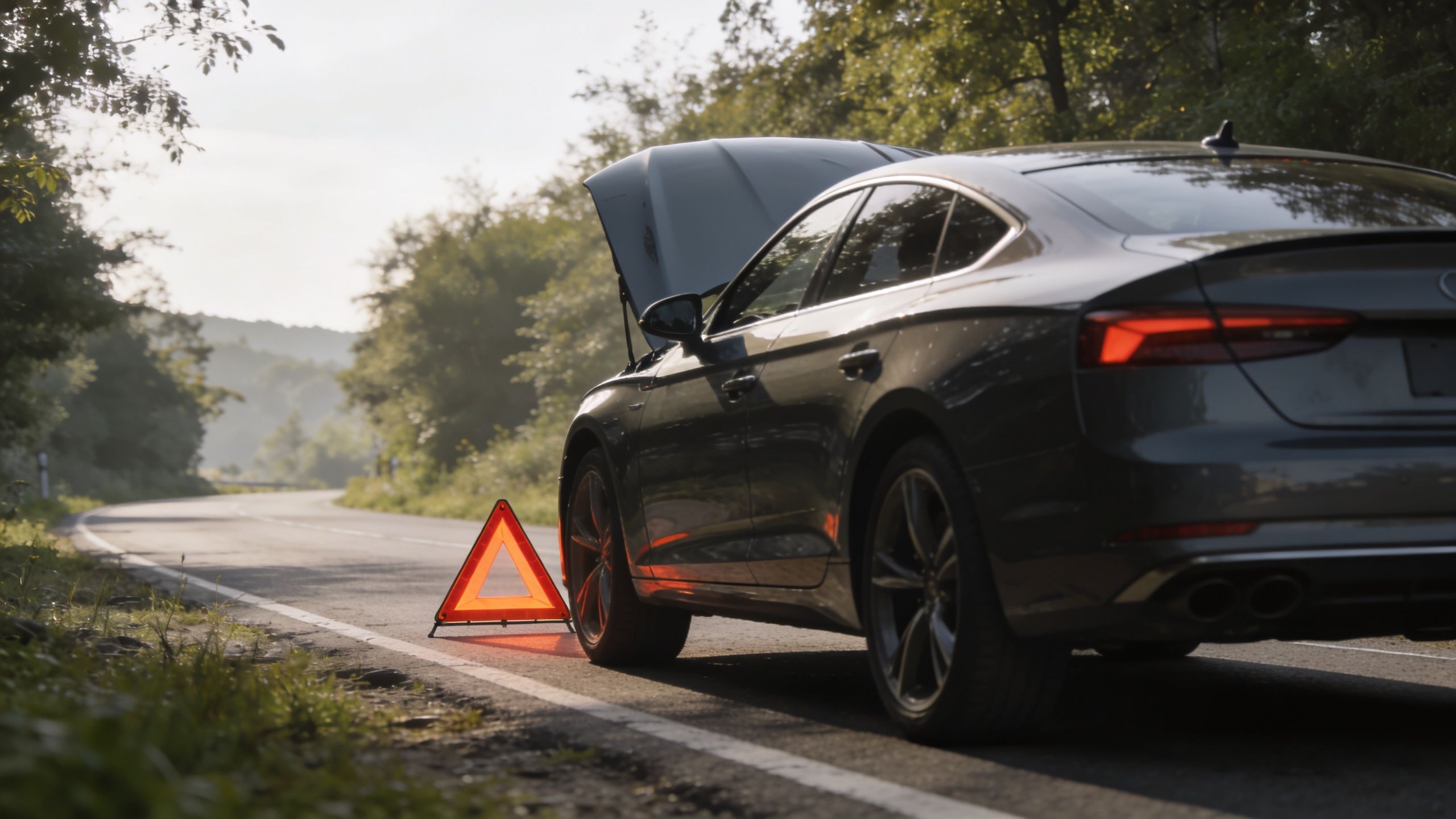 A gray broken down car with its hood open and a red warning triangle on the road.