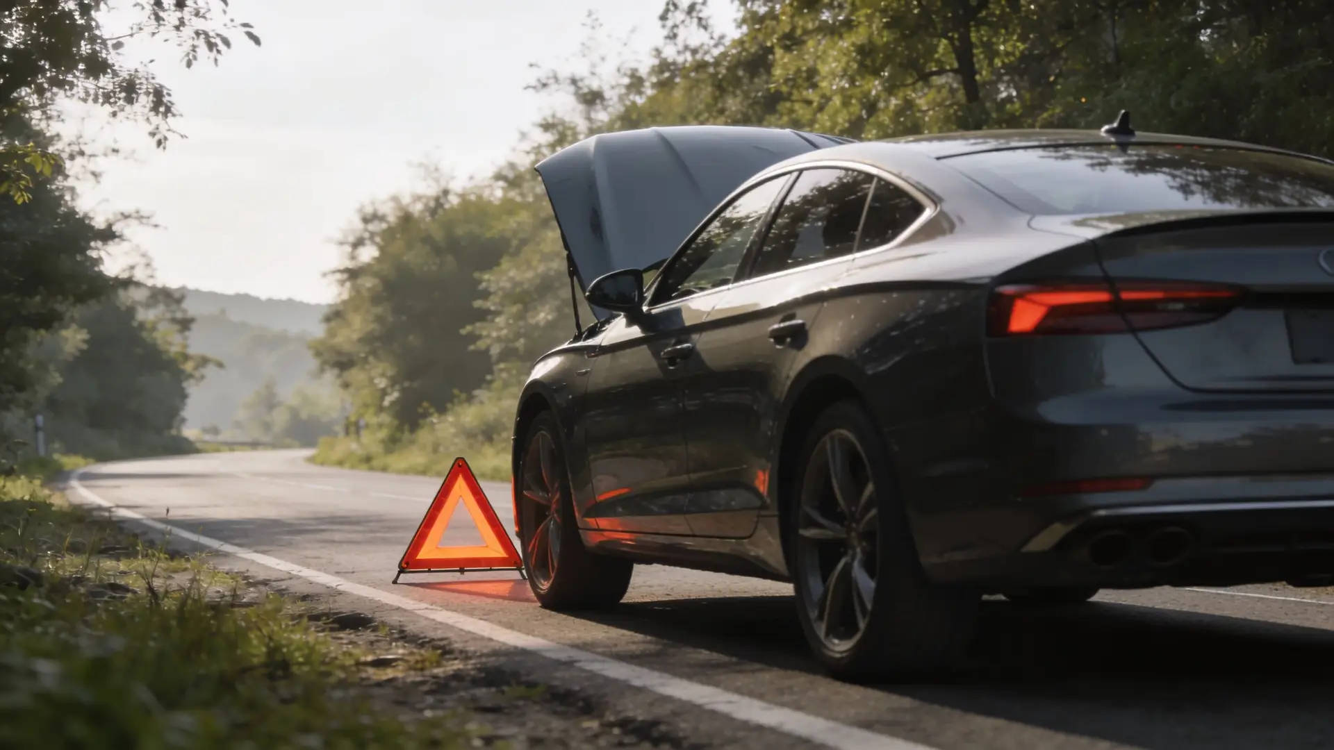 A gray broken down car with its hood open and a red warning triangle on the road.