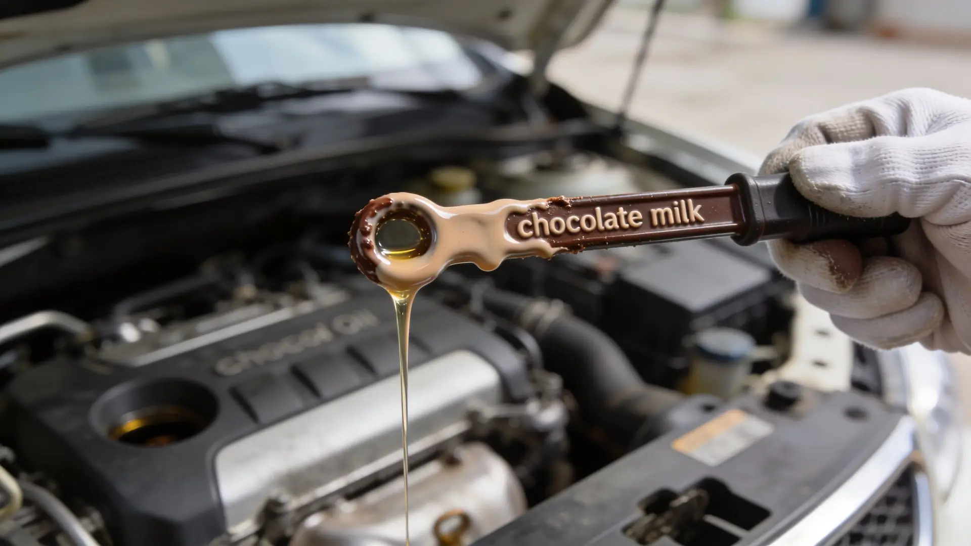 A gloved hand holds a dipstick labeled chocolate milk, indicating coolant contamination in vehicle engine oil.
