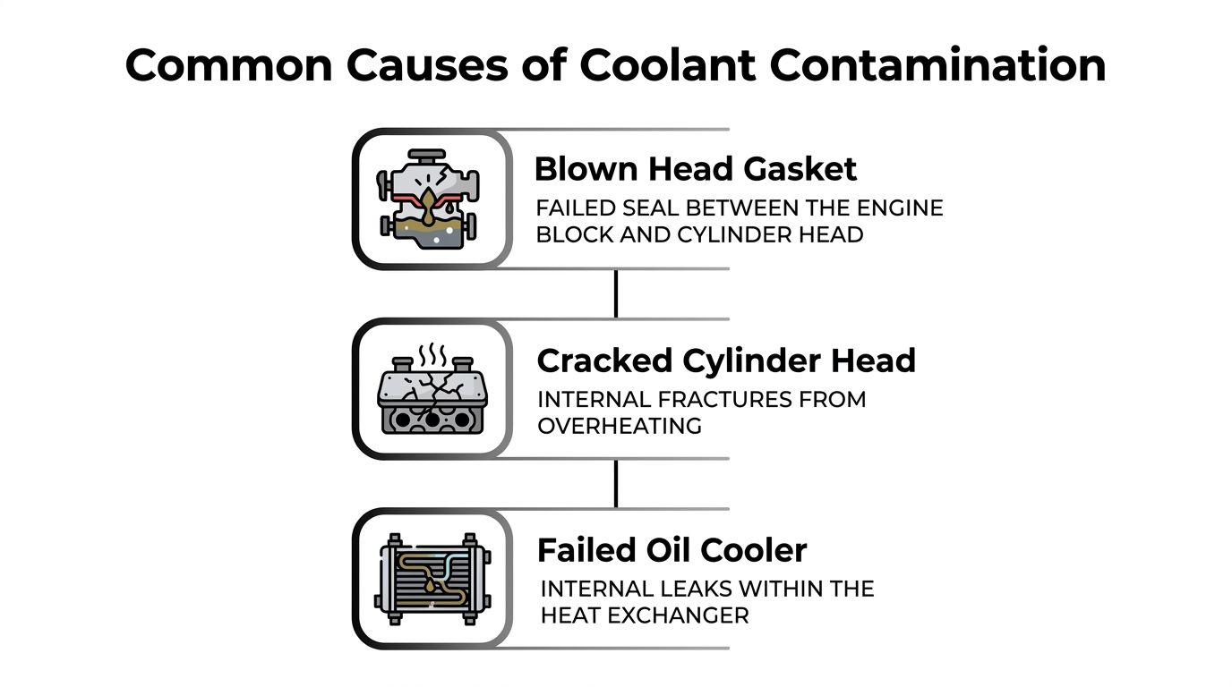 An infographic detailing common causes of coolant contamination, including blown head gaskets, cracked cylinder heads, and failed oil coolers.