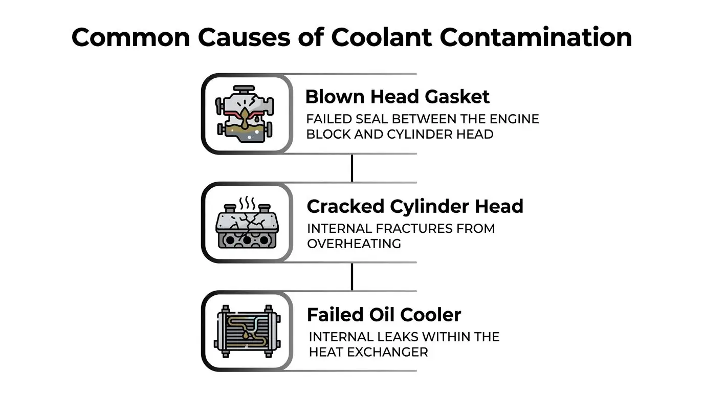 An infographic detailing common causes of coolant contamination, including blown head gaskets, cracked cylinder heads, and failed oil coolers.
