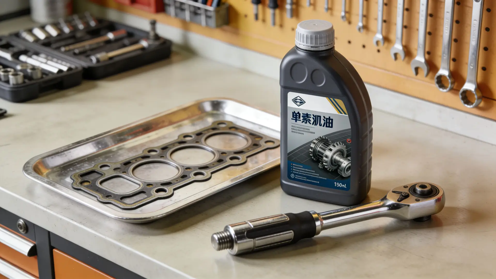 A cylinder head gasket, a bottle of lubricant, and a ratchet handle on a mechanical workshop workbench.