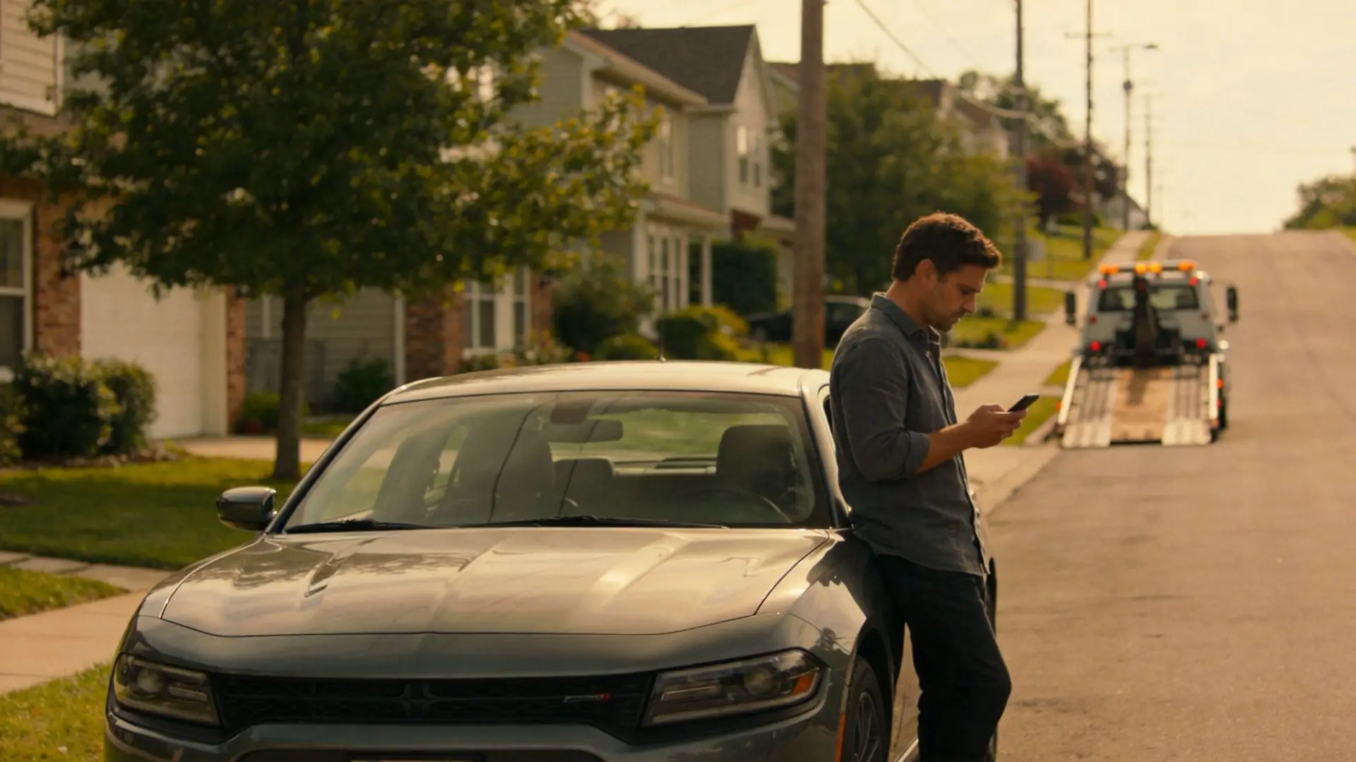 A man stands beside his parked car on a residential street looking at his smartphone while waiting.