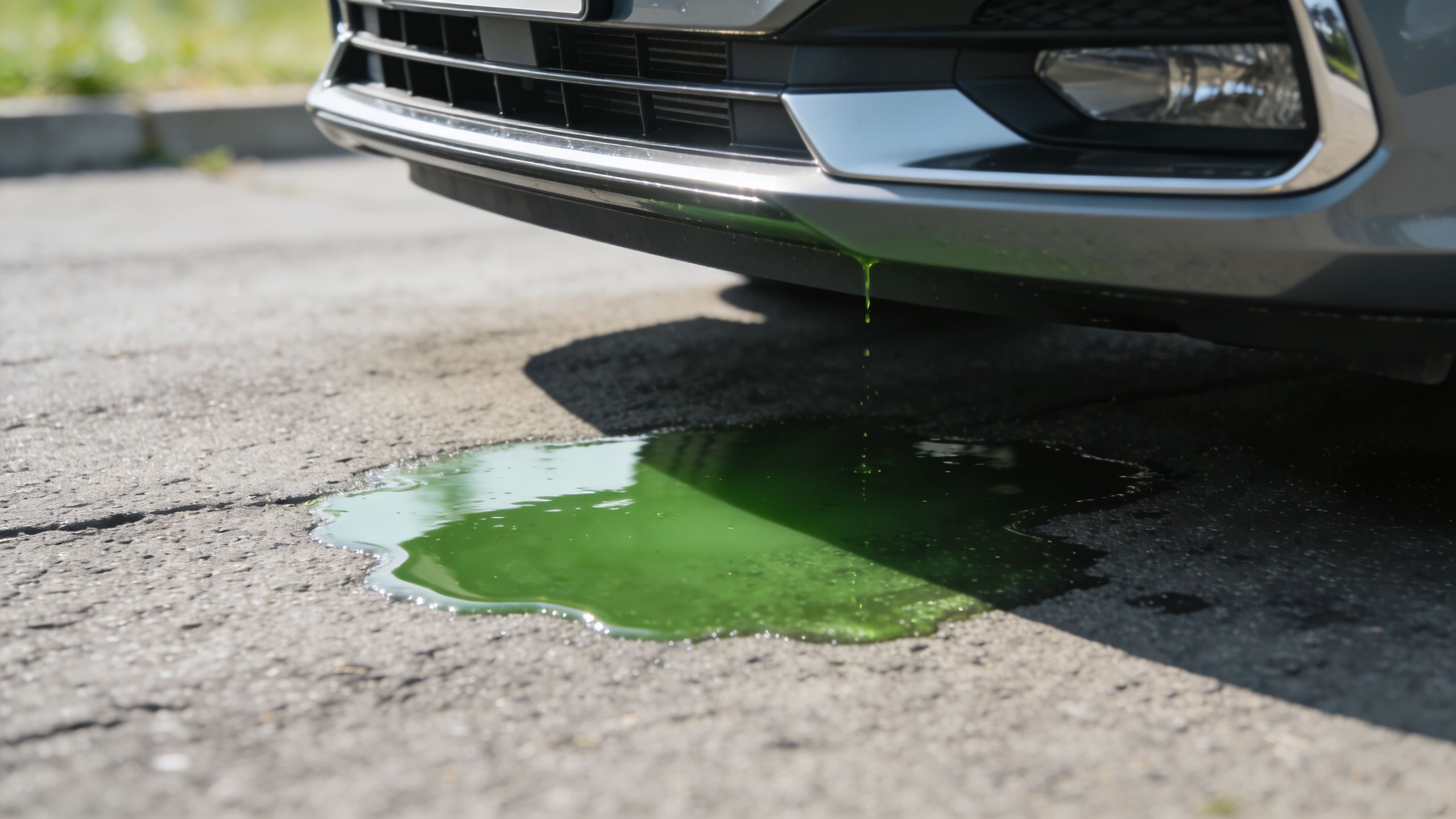 A close-up view of a car leaking vibrant green engine coolant onto the asphalt ground.