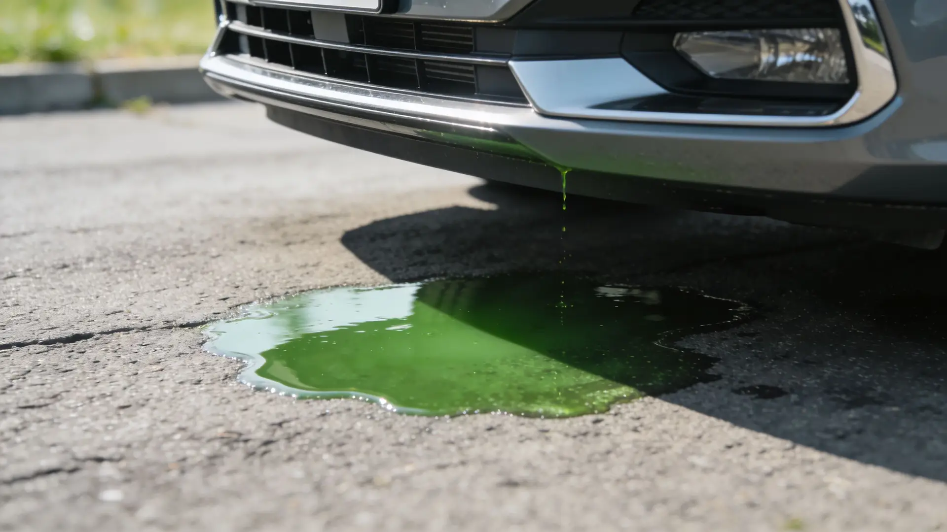 A close-up view of a car leaking vibrant green engine coolant onto the asphalt ground.