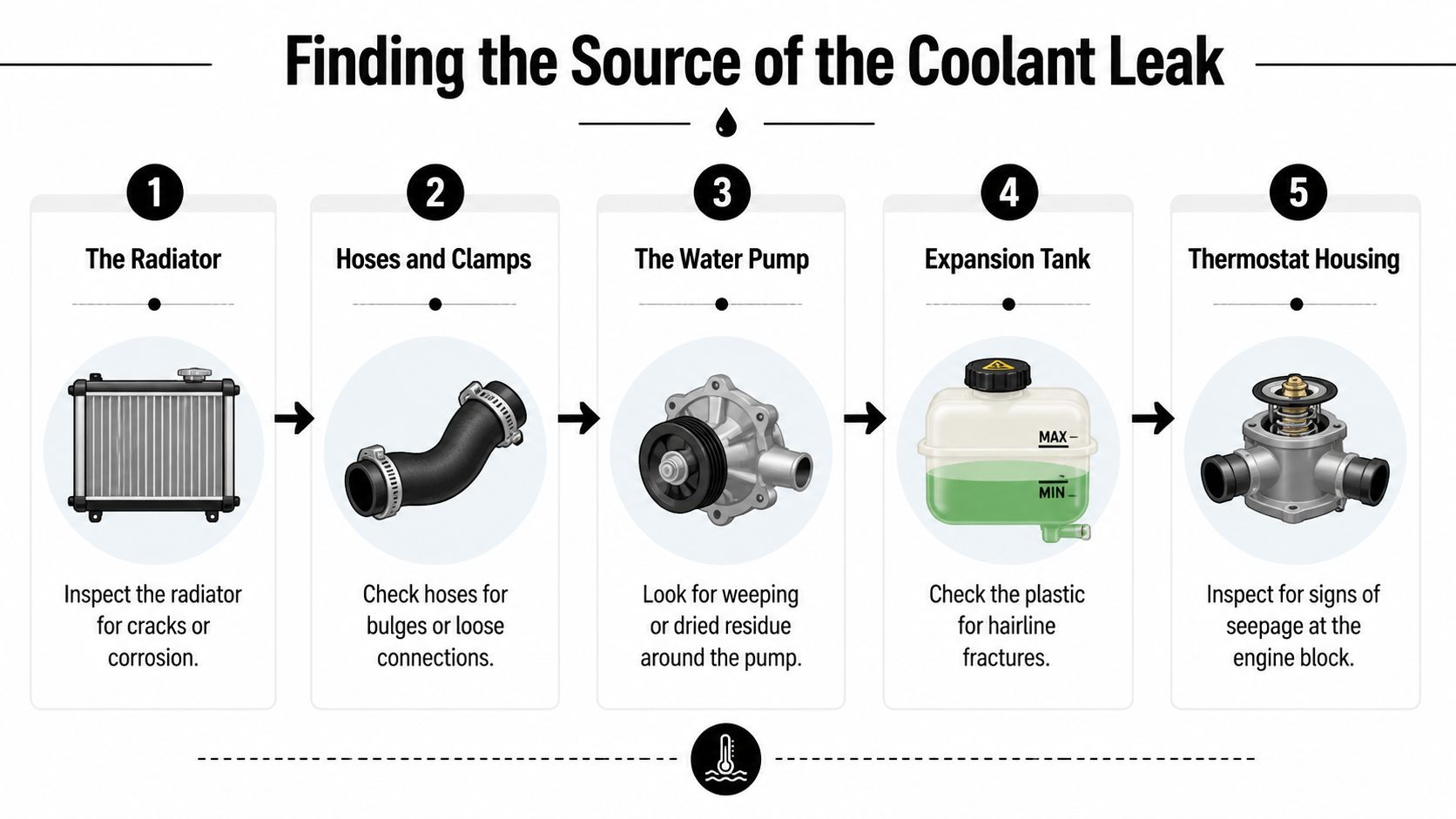 An infographic detailing five key vehicle components to inspect when searching for a car coolant leak.