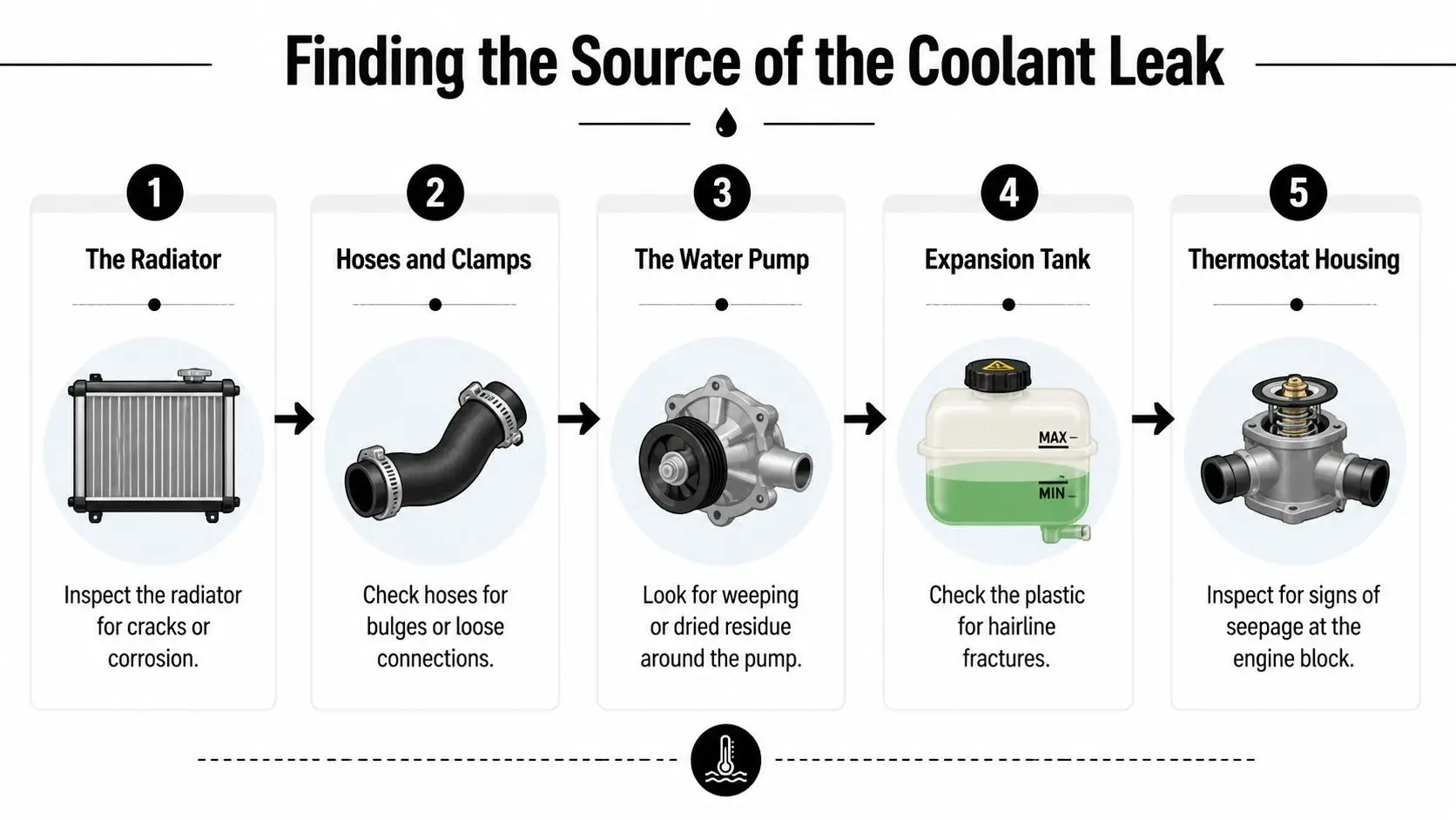 An infographic detailing five key vehicle components to inspect when searching for a car coolant leak.