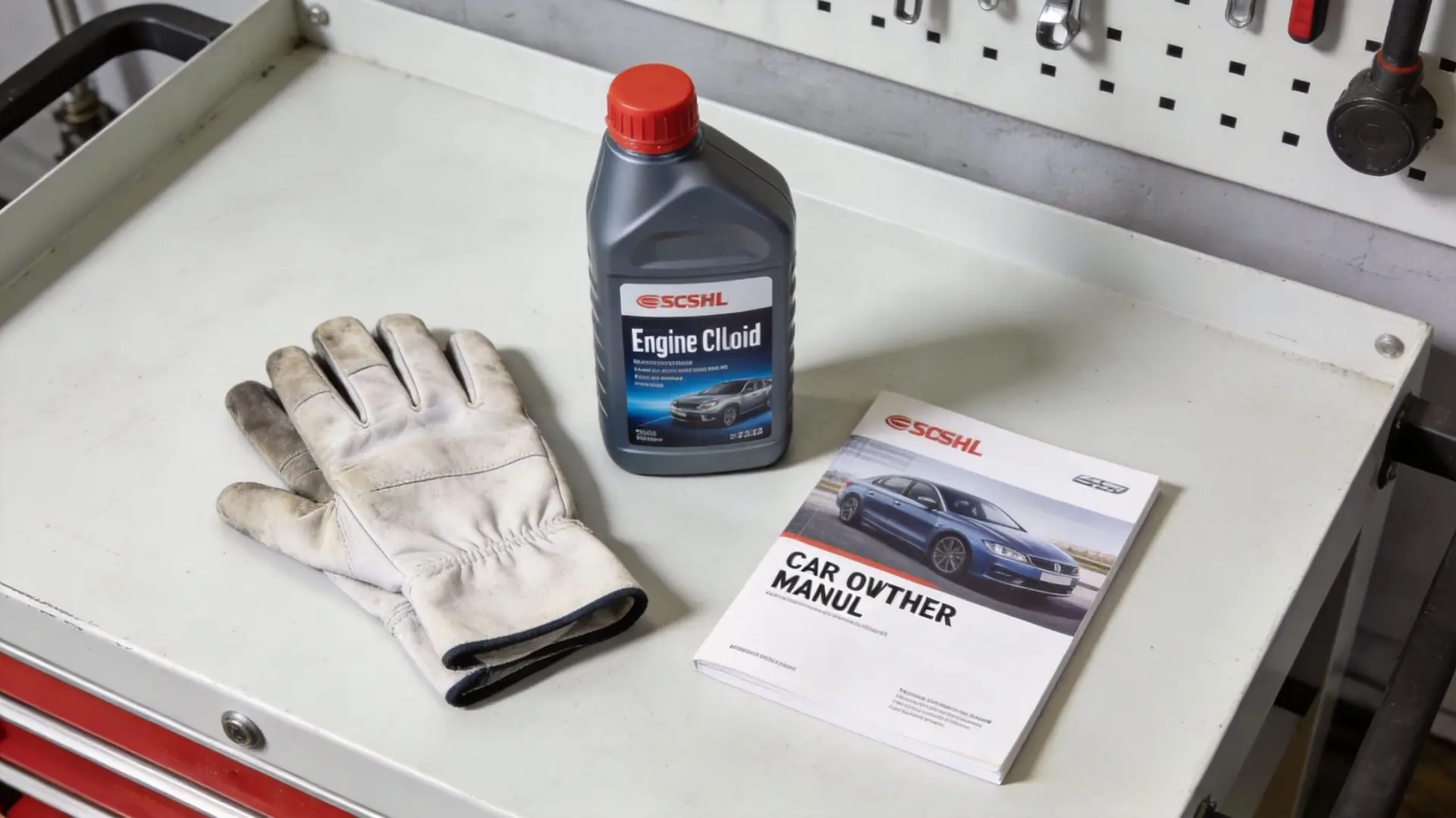 A pair of work gloves, a bottle of engine coolant, and an owner manual on a workbench.