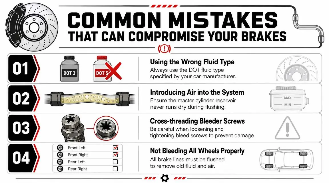 An infographic illustrating four common mistakes made when performing a DIY brake fluid flush on a vehicle.