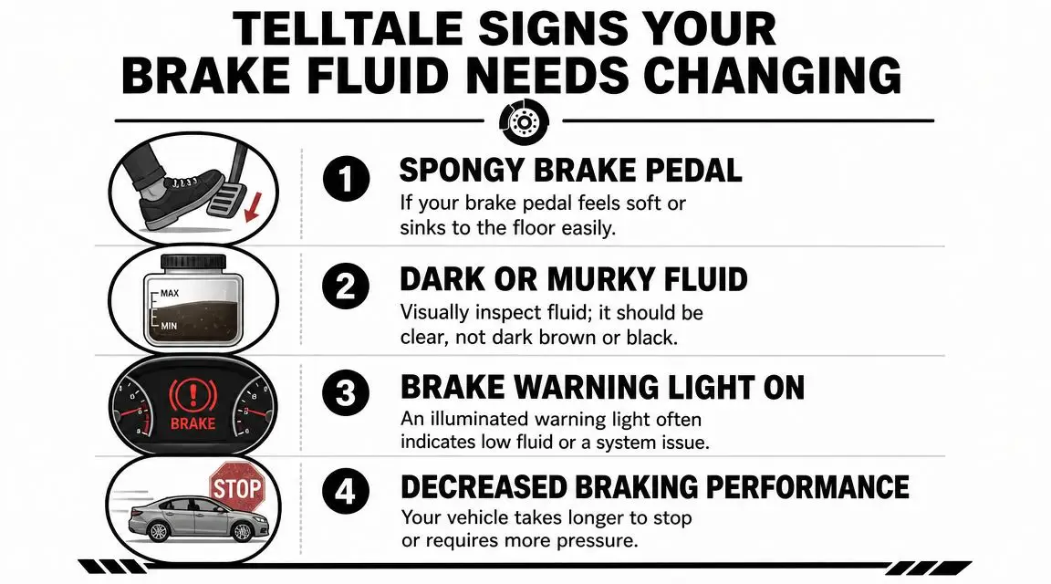 An infographic detailing four common warning signs indicating that a vehicle's brake fluid needs to be changed.