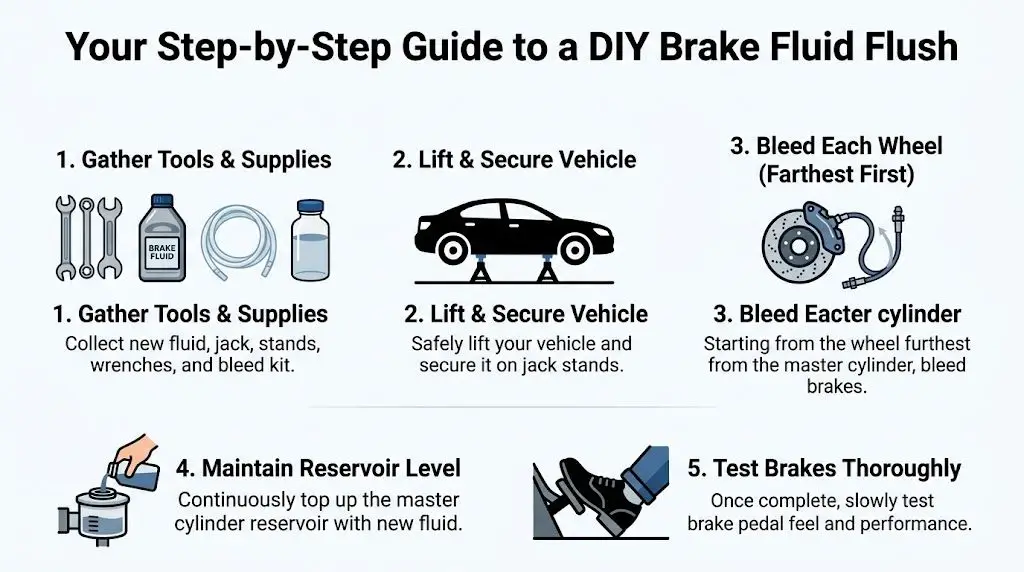 An infographic showing a five-step guide on how to perform a DIY brake fluid flush on vehicles.