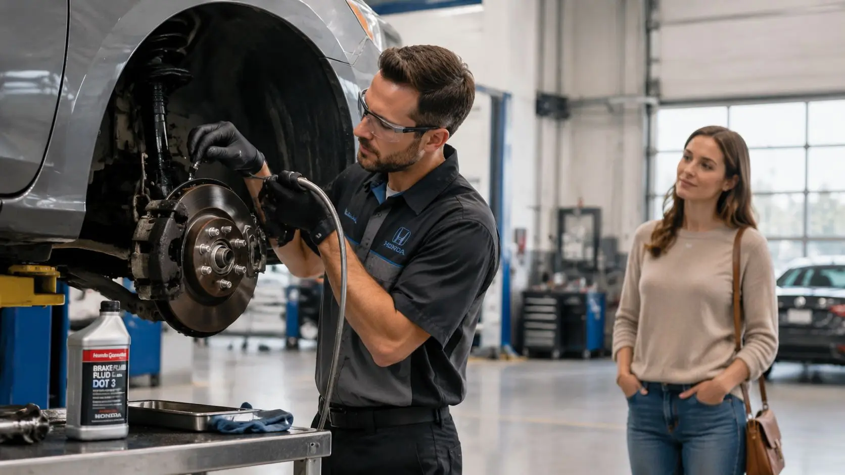 A professional mechanic in a Honda uniform performs a brake fluid flush on a car at a dealership.