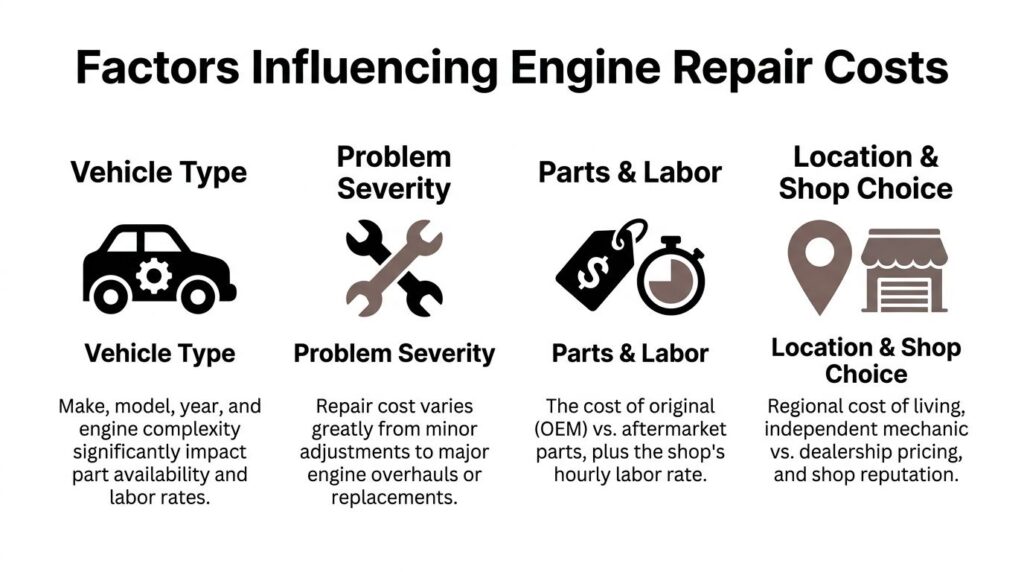how much does engine repair cost factors infographic